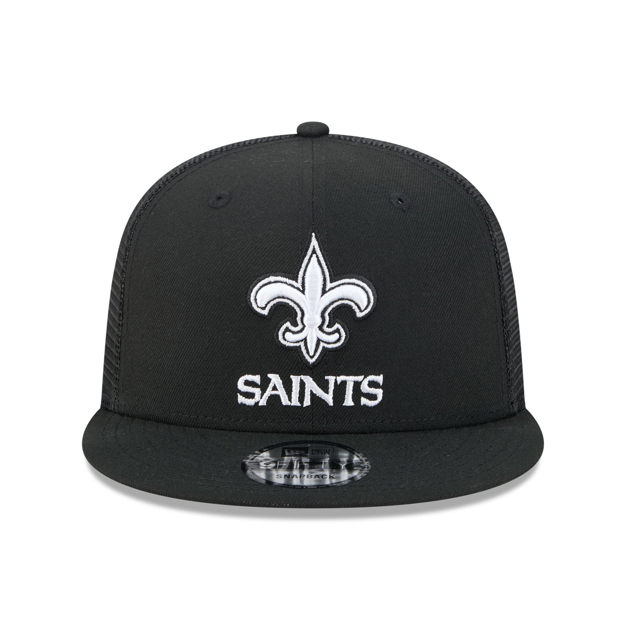 Casquette trucker snapback New Era 9FIFTY noire et blanche pour homme, motif Saints de la Nouvelle-Orléans