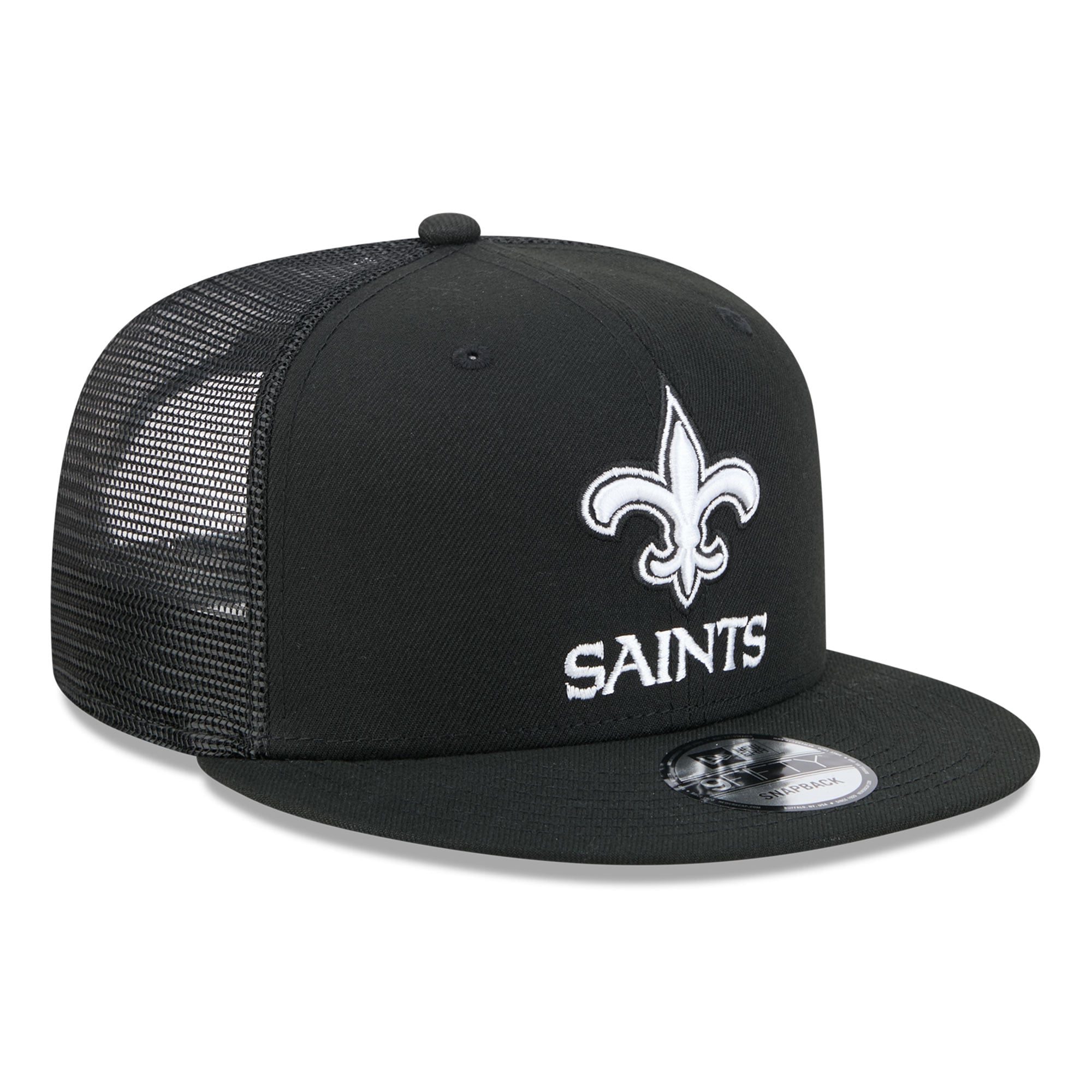 Casquette trucker snapback New Era 9FIFTY noire et blanche pour homme, motif Saints de la Nouvelle-Orléans