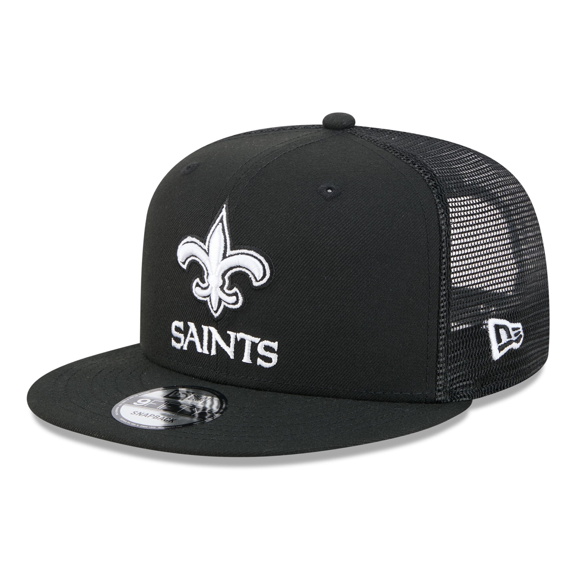 Casquette trucker snapback New Era 9FIFTY noire et blanche pour homme, motif Saints de la Nouvelle-Orléans