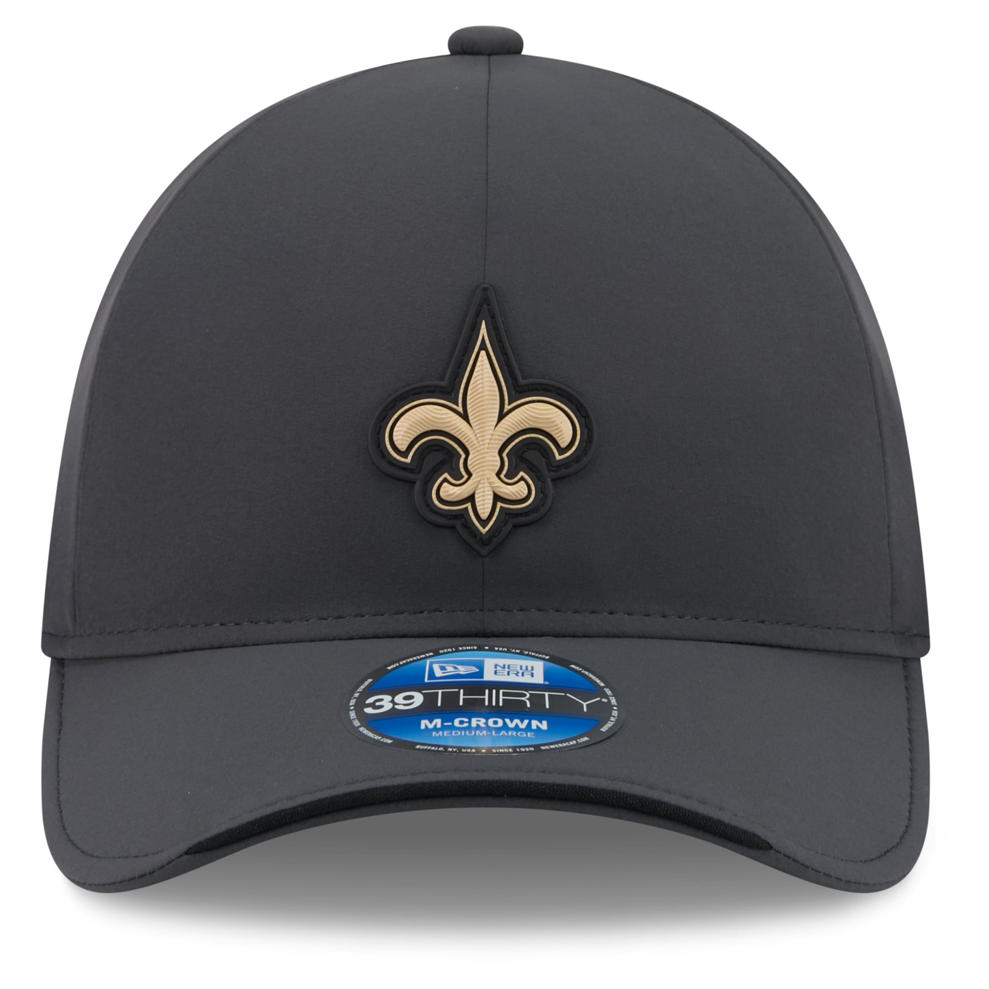Casquette extensible New Era 39THIRTY M-Crown pour homme, couleur anthracite, Orleans Saints 2026, idéale les temps froids.