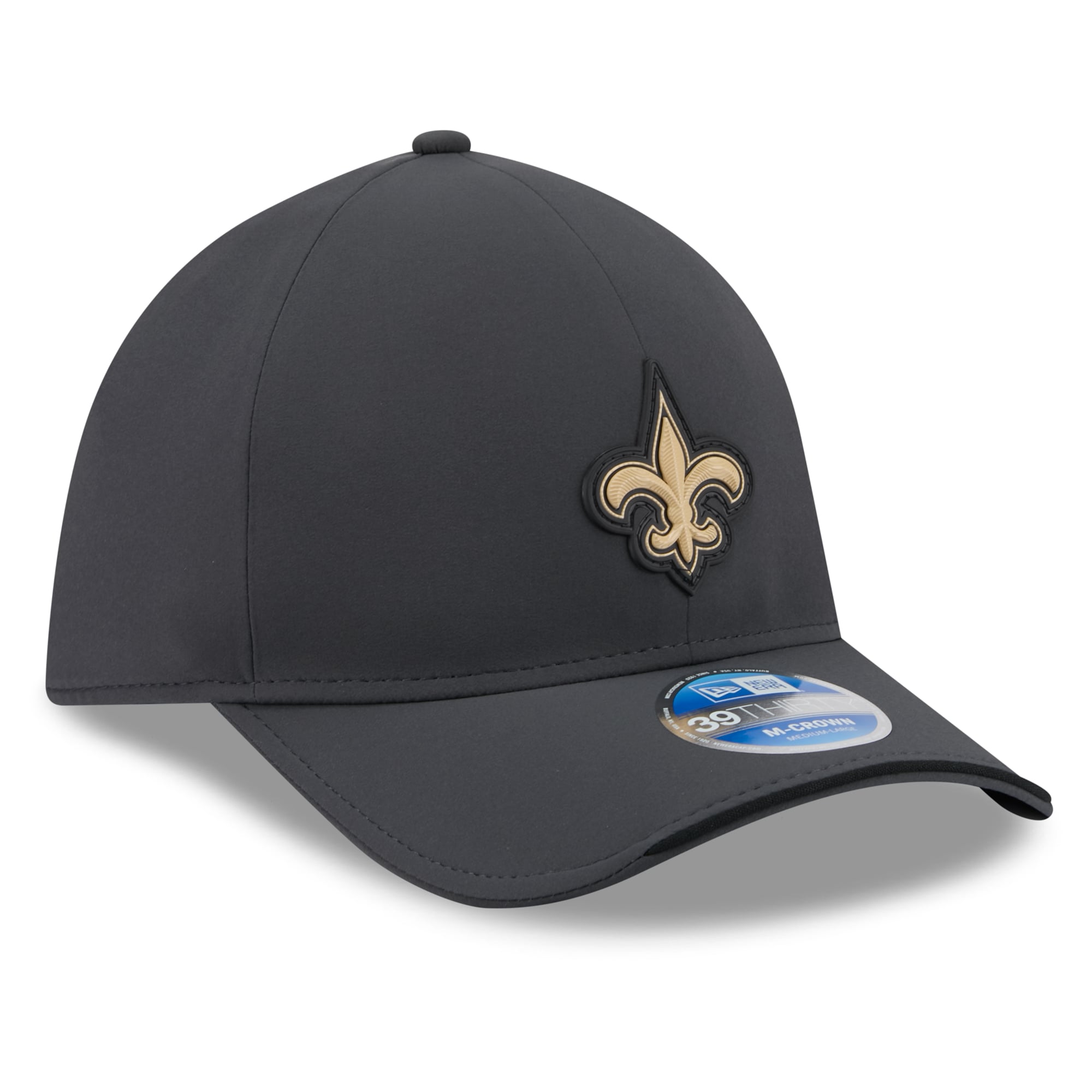 Casquette extensible New Era 39THIRTY M-Crown pour homme, couleur anthracite, Orleans Saints 2026, idéale les temps froids.