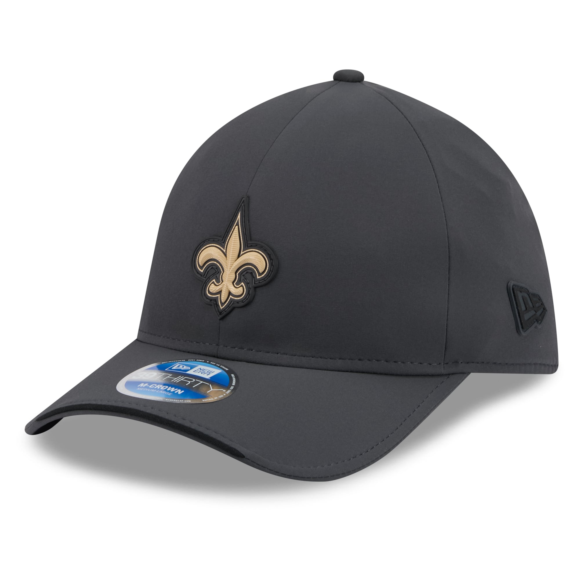 Casquette extensible New Era 39THIRTY M-Crown pour homme, couleur anthracite, Orleans Saints 2026, idéale les temps froids.