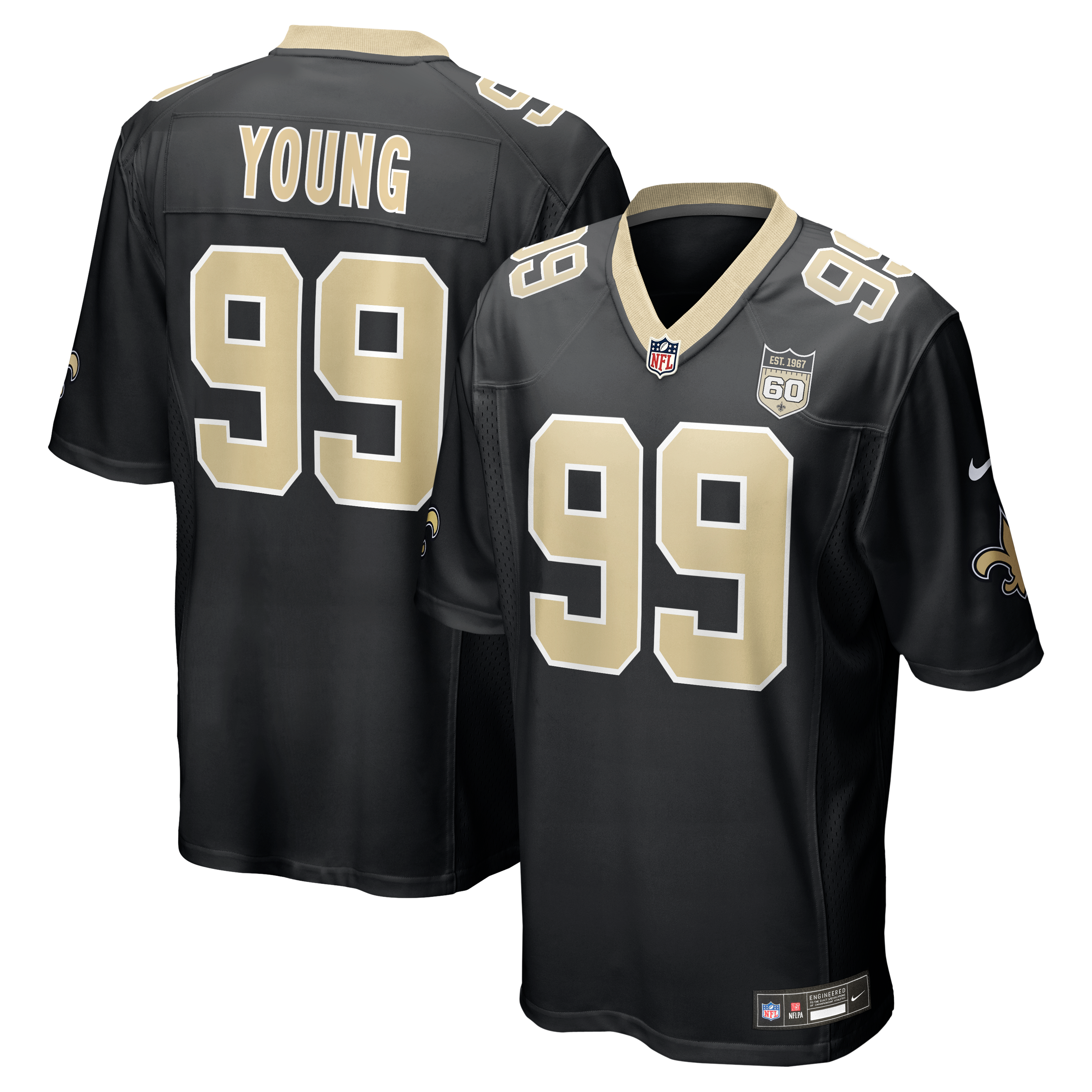 Maillot de match Nike Chase Young noir pour homme, écusson la 60e saison des New Orleans Saints.