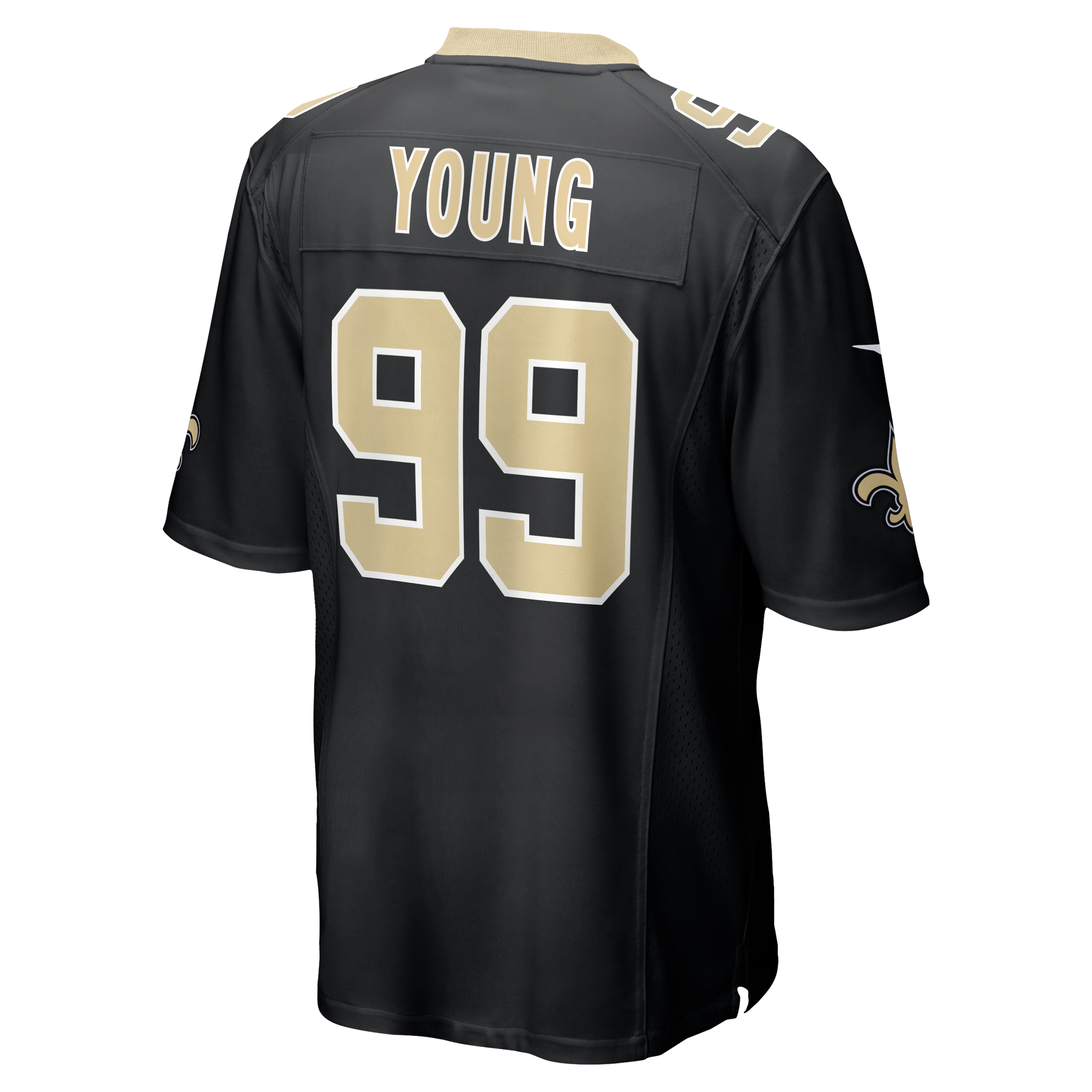 Maillot de match Nike Chase Young noir pour homme, écusson la 60e saison des New Orleans Saints.