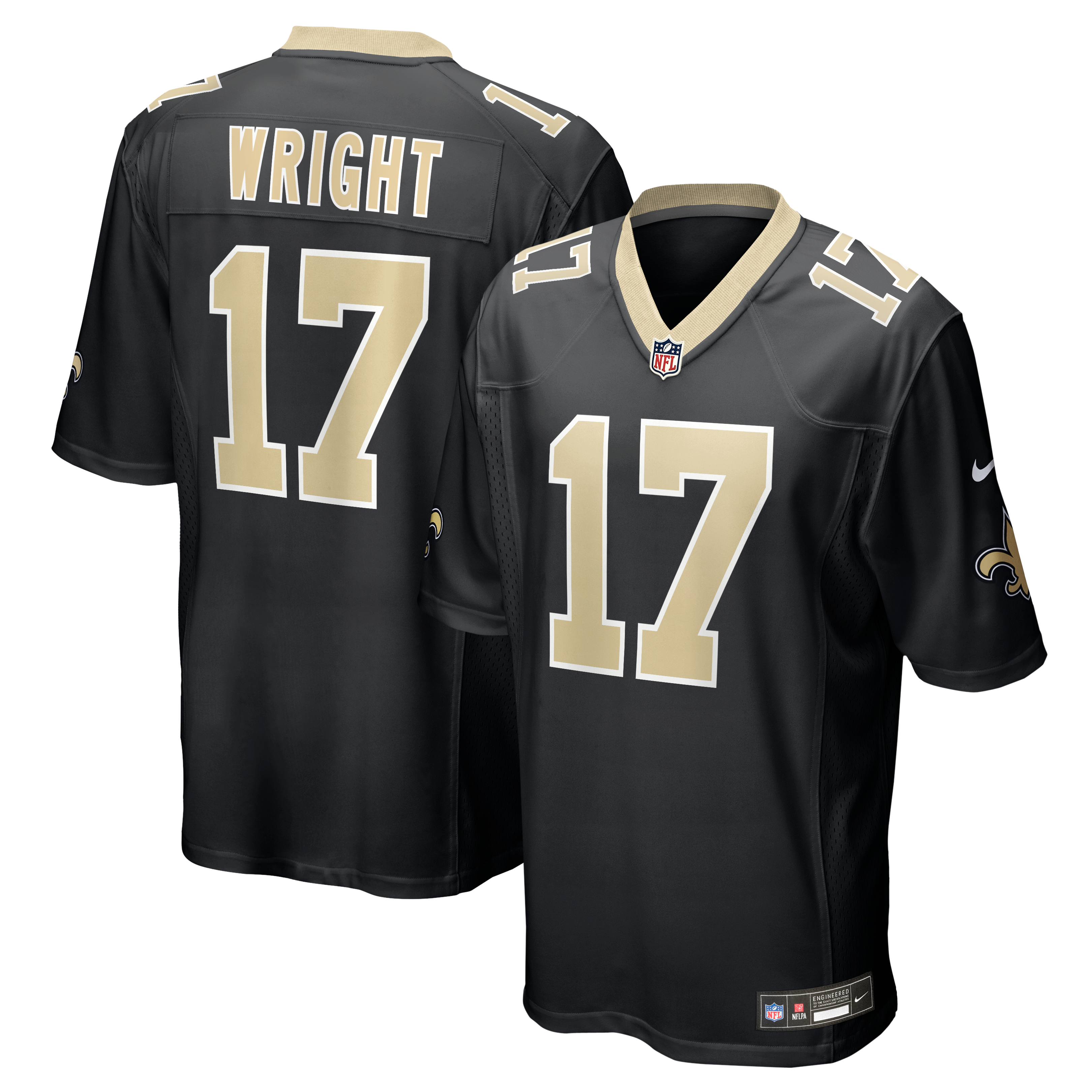 Maillot de match Nike Ryan Wright noir pour homme, équipe des Saints la Nouvelle-Orléans