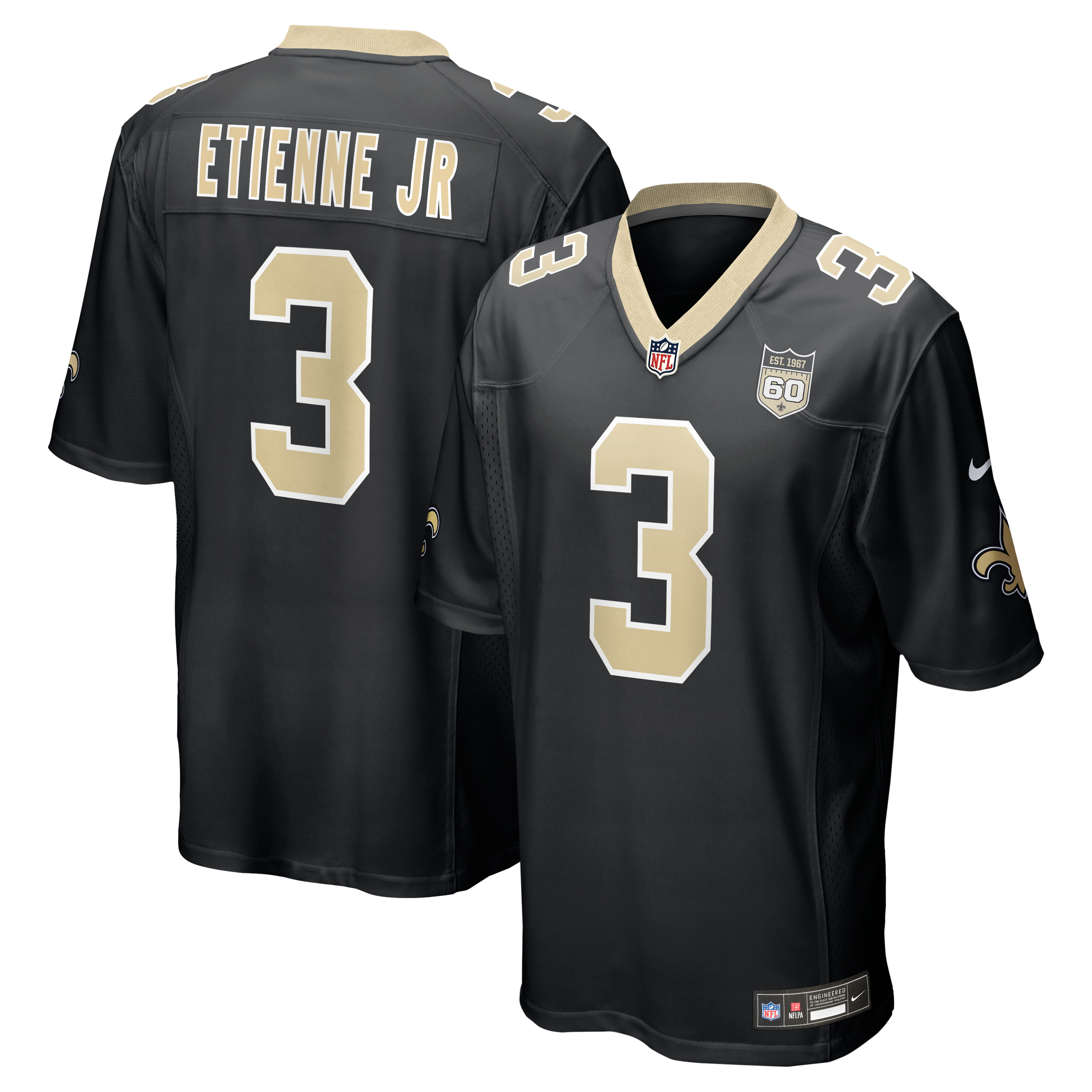 Maillot de match Nike Travis Etienne Jr noir des Saints la Nouvelle-Orléans, 60e saison.