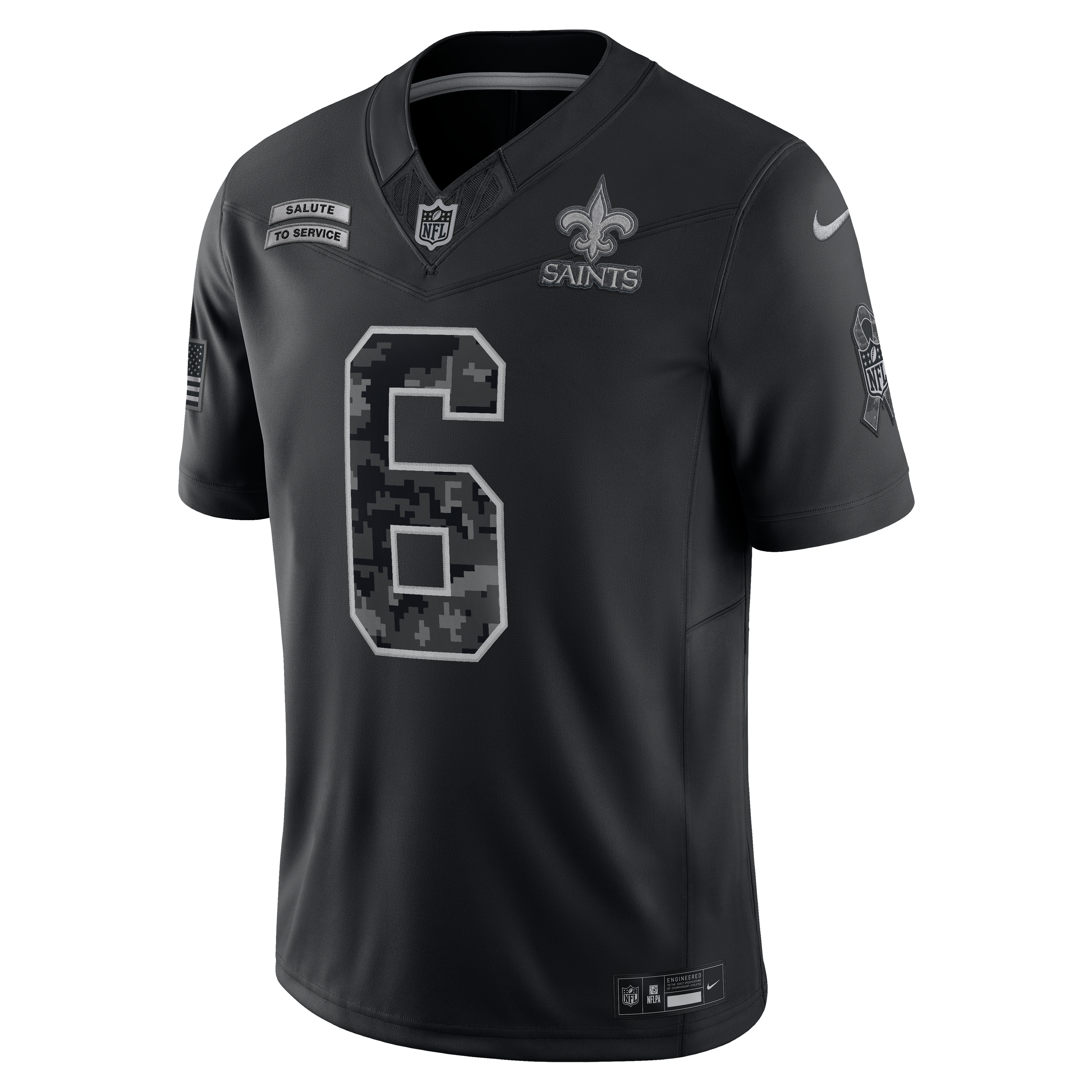 Maillot Nike Tyler Shough noir New Orleans Saints 2026 Salute to Service, édition limitée cousue