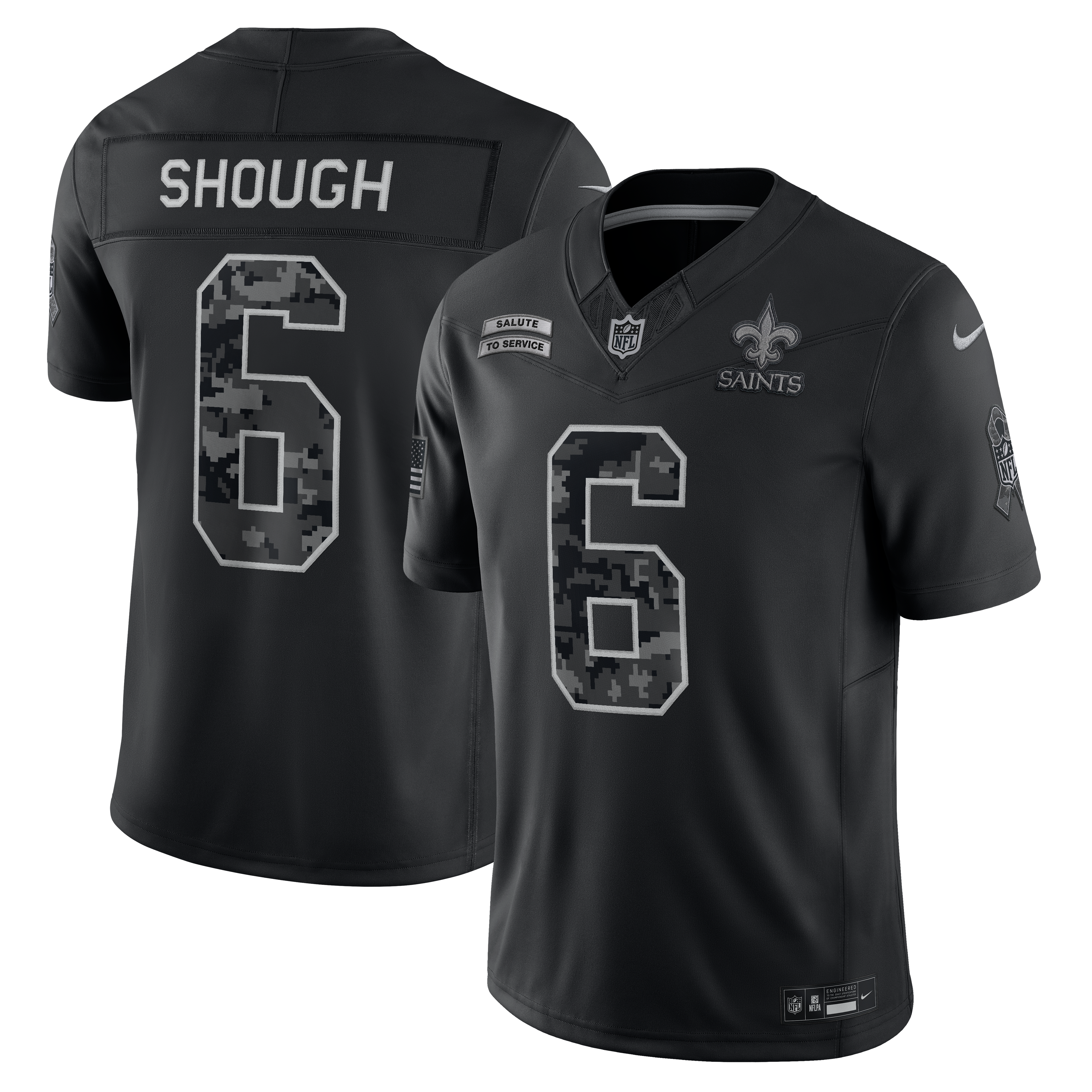 Maillot Nike Tyler Shough noir New Orleans Saints 2026 Salute to Service, édition limitée cousue