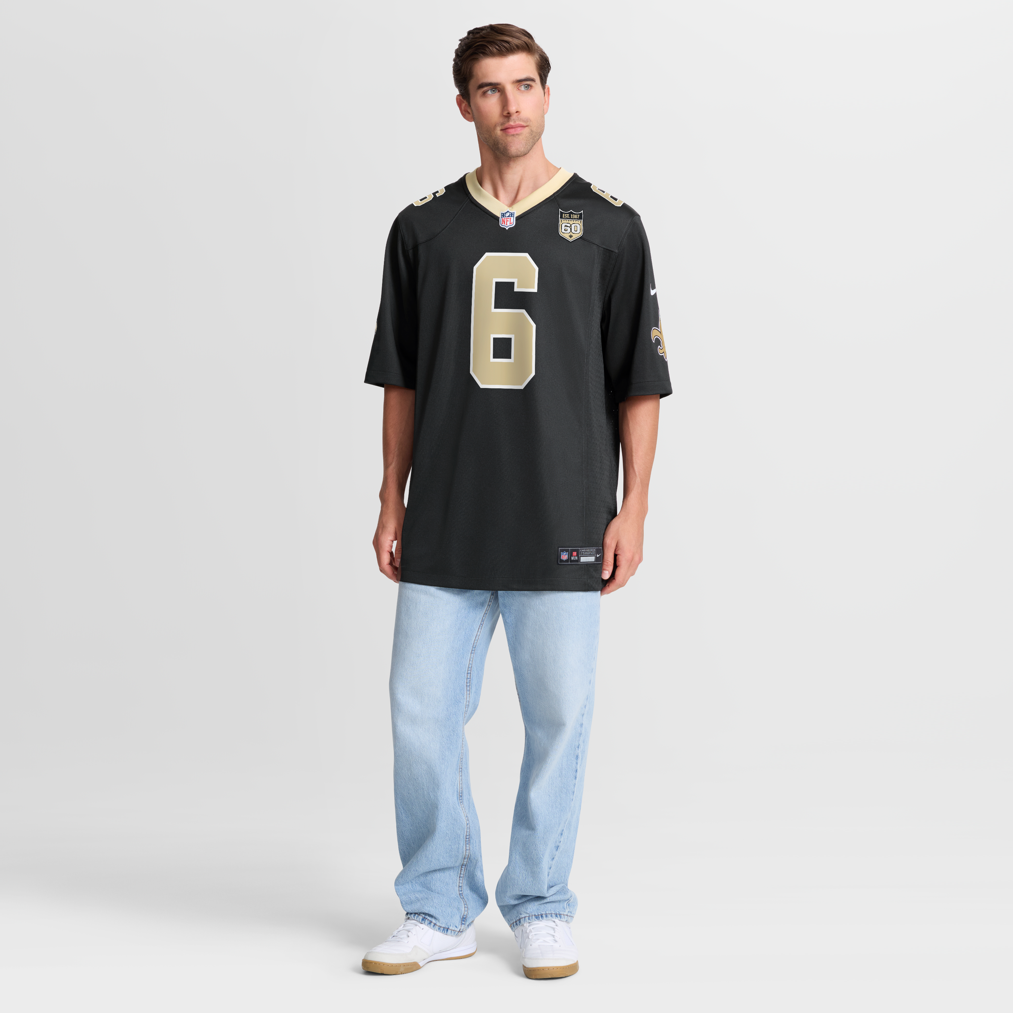 Maillot de match Nike Tyler Shough noir pour homme, écusson la 60e saison des Saints Nouvelle-Orléans