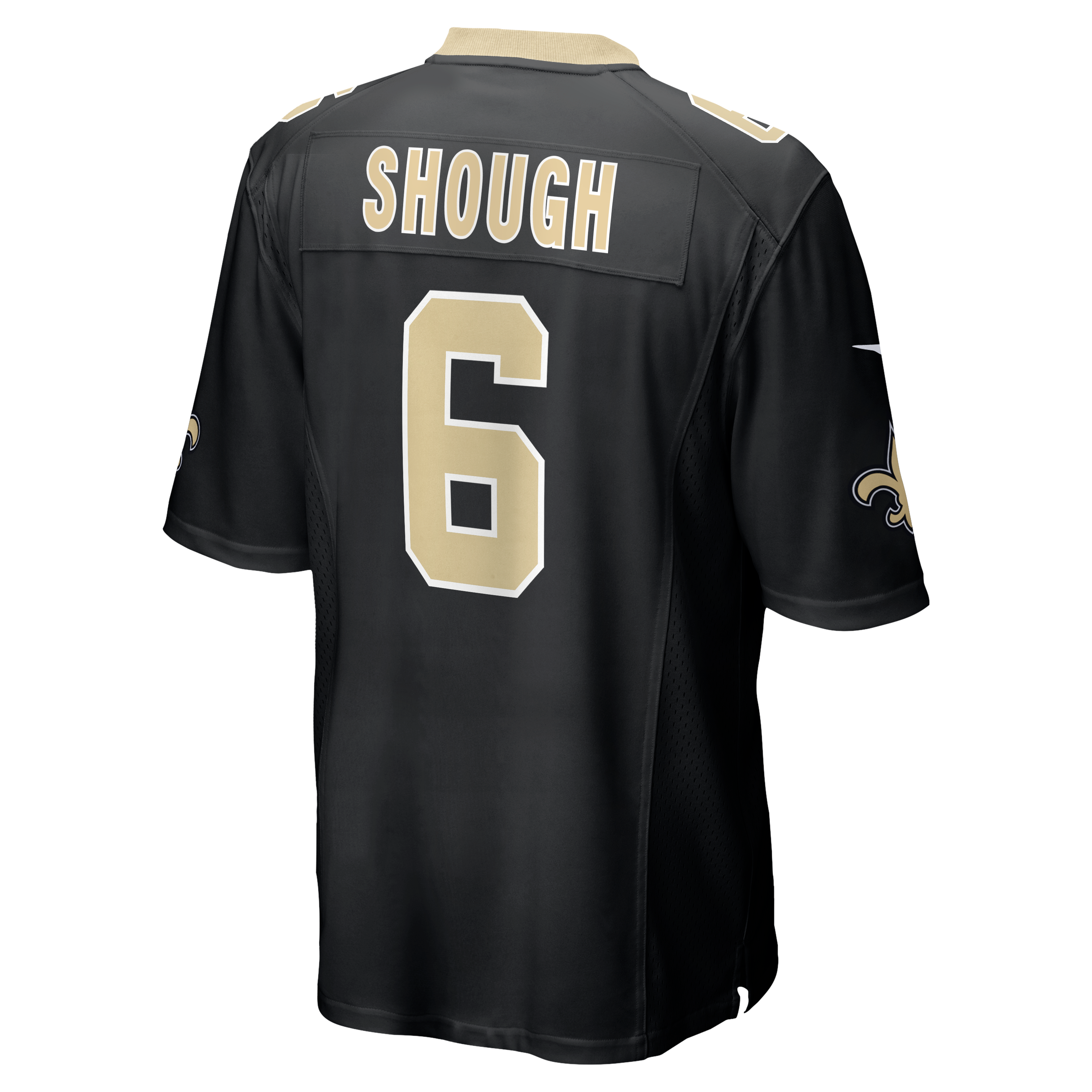 Maillot de match Nike Tyler Shough noir pour homme, écusson la 60e saison des Saints Nouvelle-Orléans