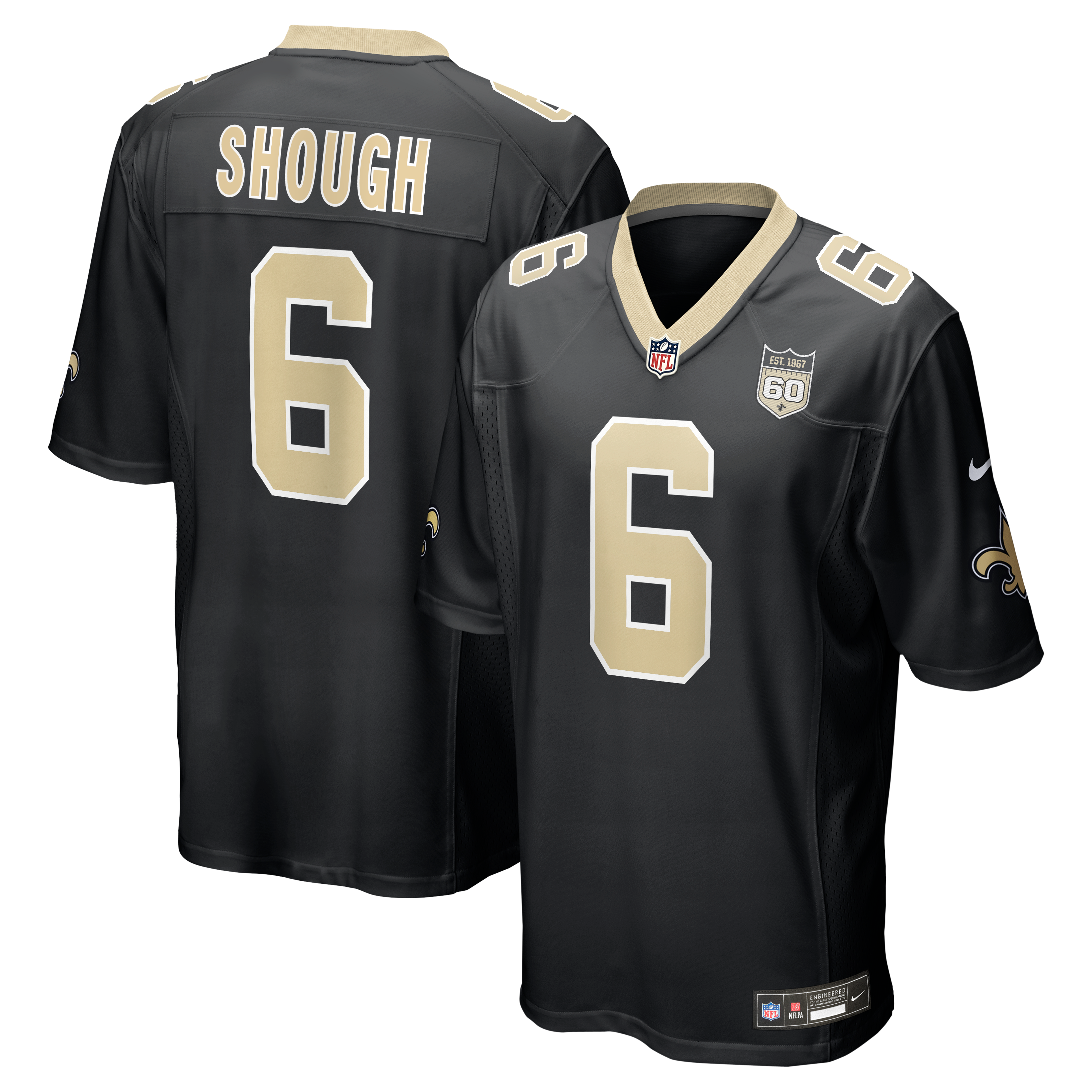 Maillot de match Nike Tyler Shough noir pour homme, écusson la 60e saison des Saints Nouvelle-Orléans