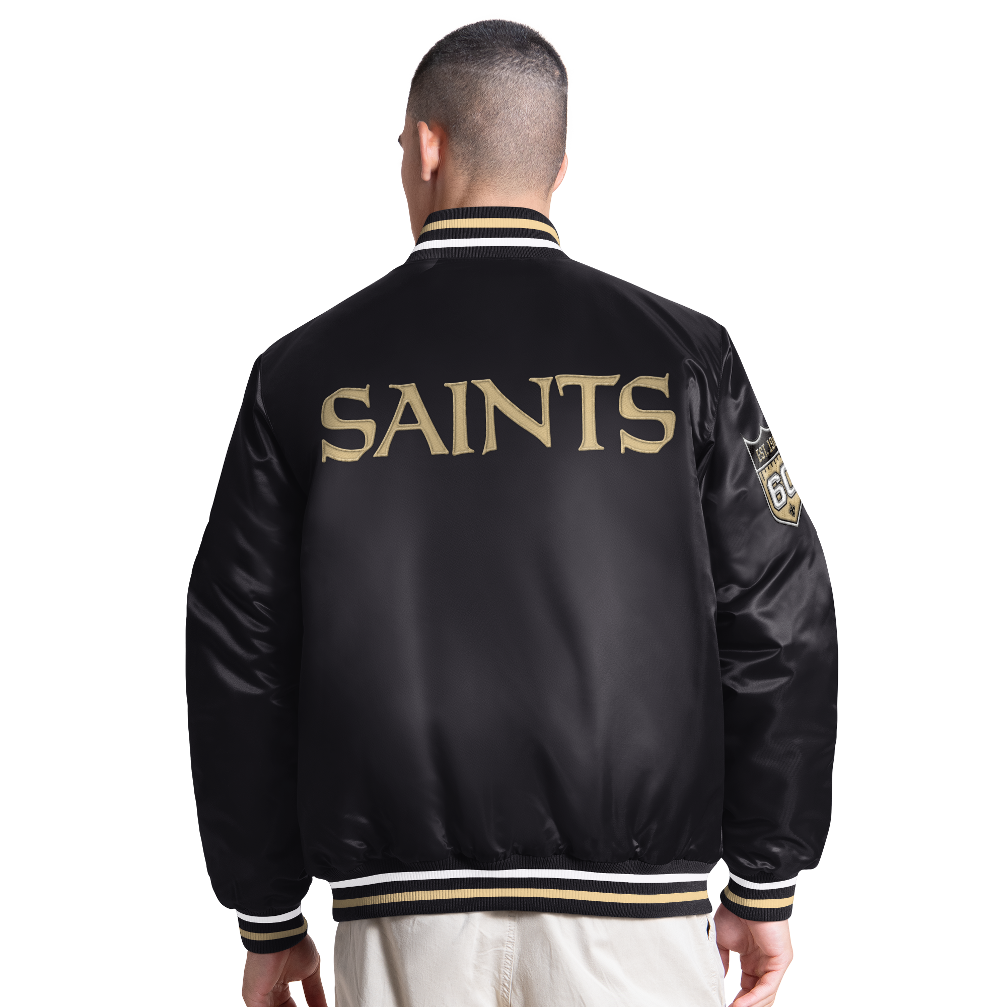 Veste universitaire Starter noire pour homme, édition spéciale 60e anniversaire des Saints de La Nouvelle-Orléans, fermeture à boutons-pression.