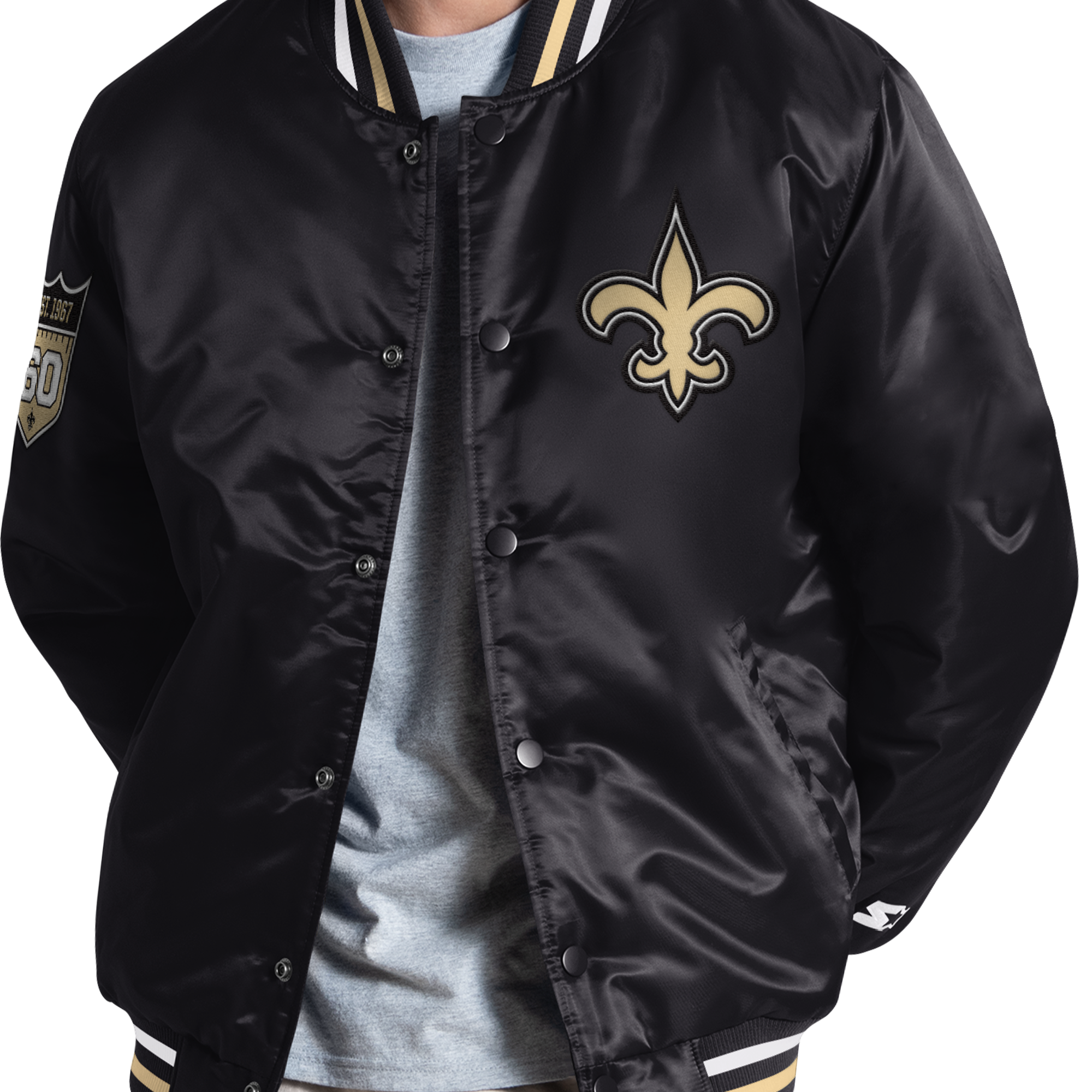 Veste universitaire Starter noire pour homme, édition spéciale 60e anniversaire des Saints de La Nouvelle-Orléans, fermeture à boutons-pression.