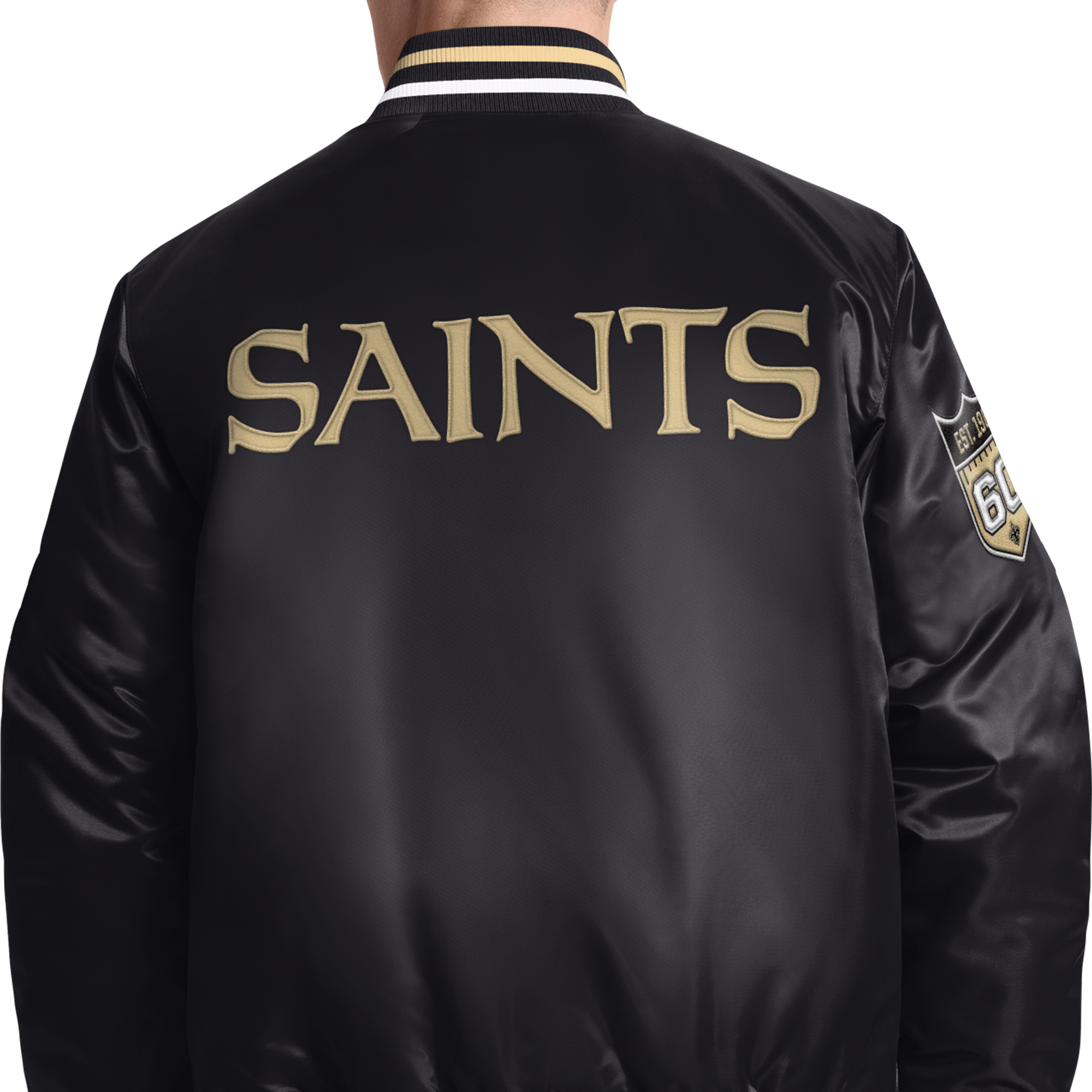 Veste universitaire Starter noire pour homme, édition spéciale 60e anniversaire des Saints de La Nouvelle-Orléans, fermeture à boutons-pression.