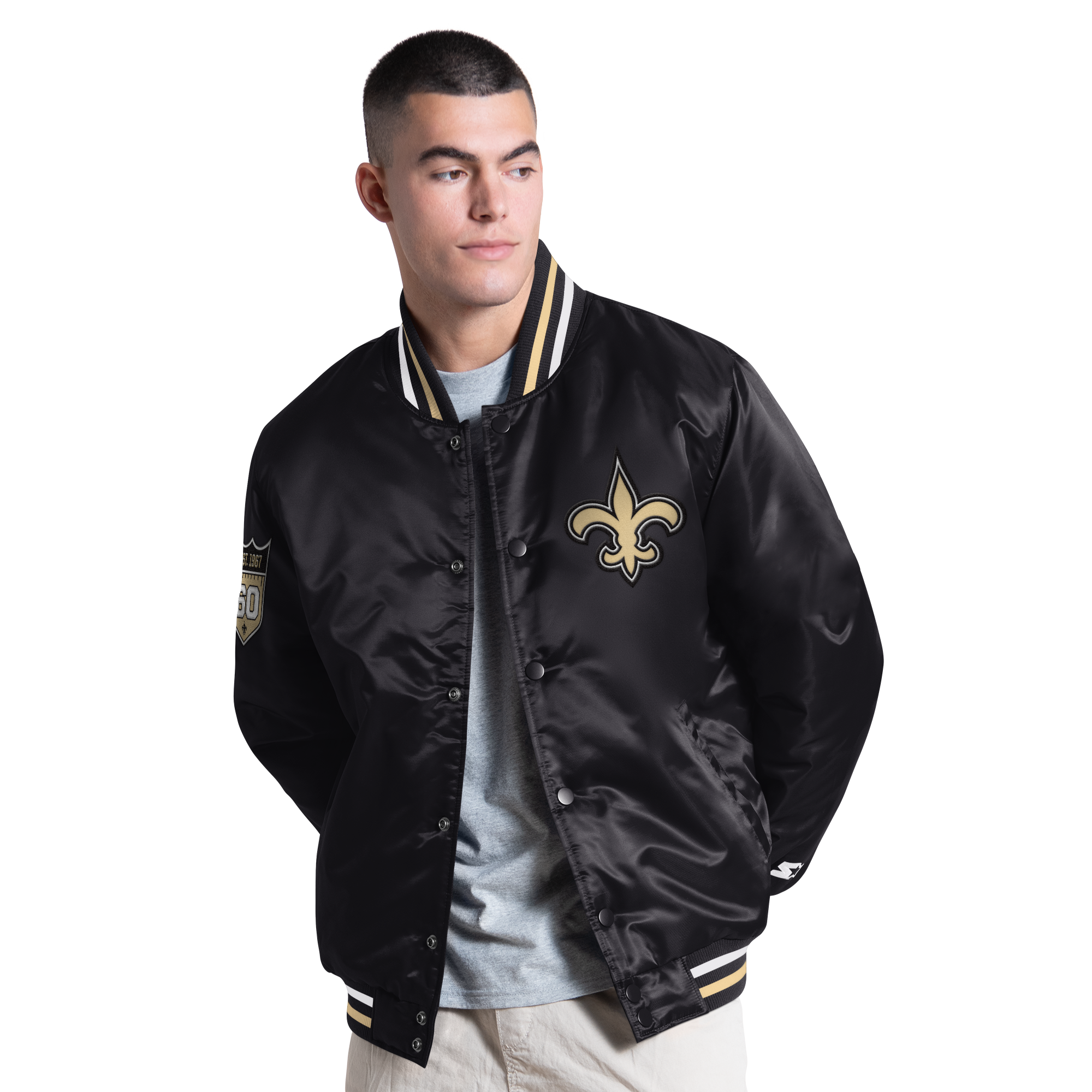 Veste universitaire Starter noire pour homme, édition spéciale 60e anniversaire des Saints de La Nouvelle-Orléans, fermeture à boutons-pression.