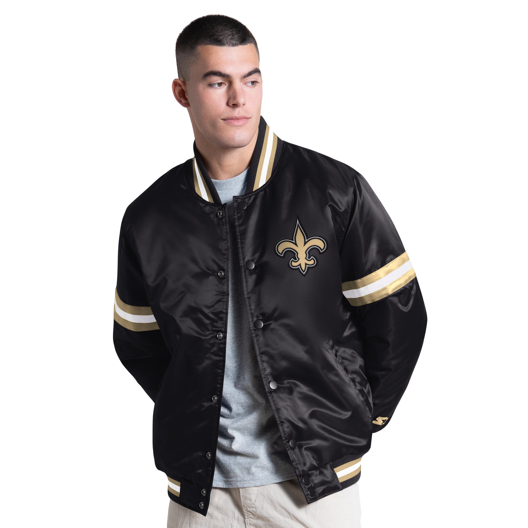 Veste universitaire Starter noire pour homme, modèle Courtside des Saints de la Nouvelle-Orléans, fermeture à boutons-pression.