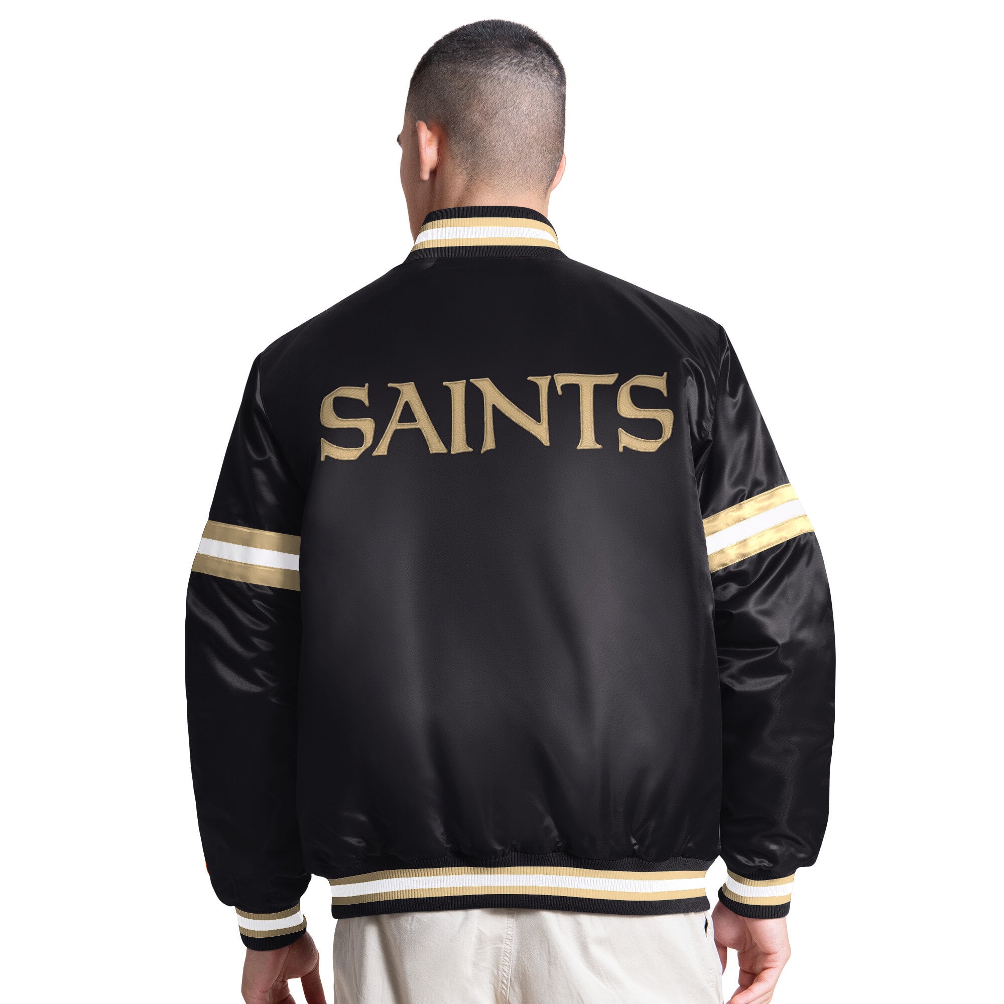 Veste universitaire Starter noire pour homme, modèle Courtside des Saints de la Nouvelle-Orléans, fermeture à boutons-pression.