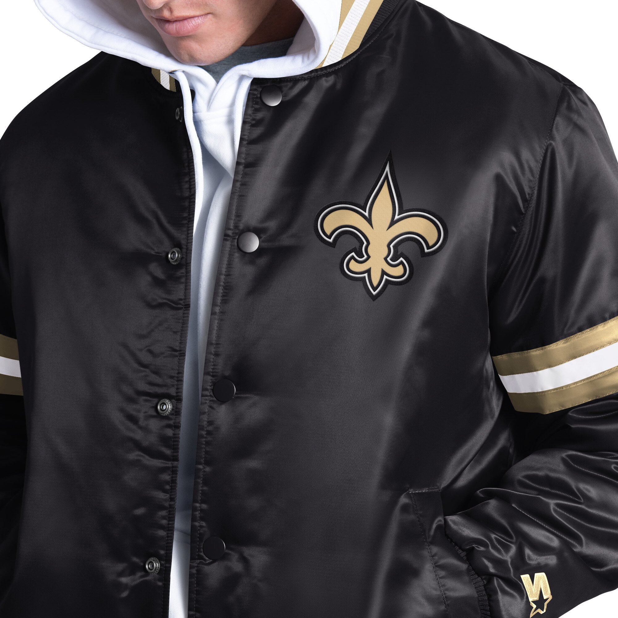 Veste universitaire Starter noire pour homme, modèle Courtside des Saints de la Nouvelle-Orléans, fermeture à boutons-pression.