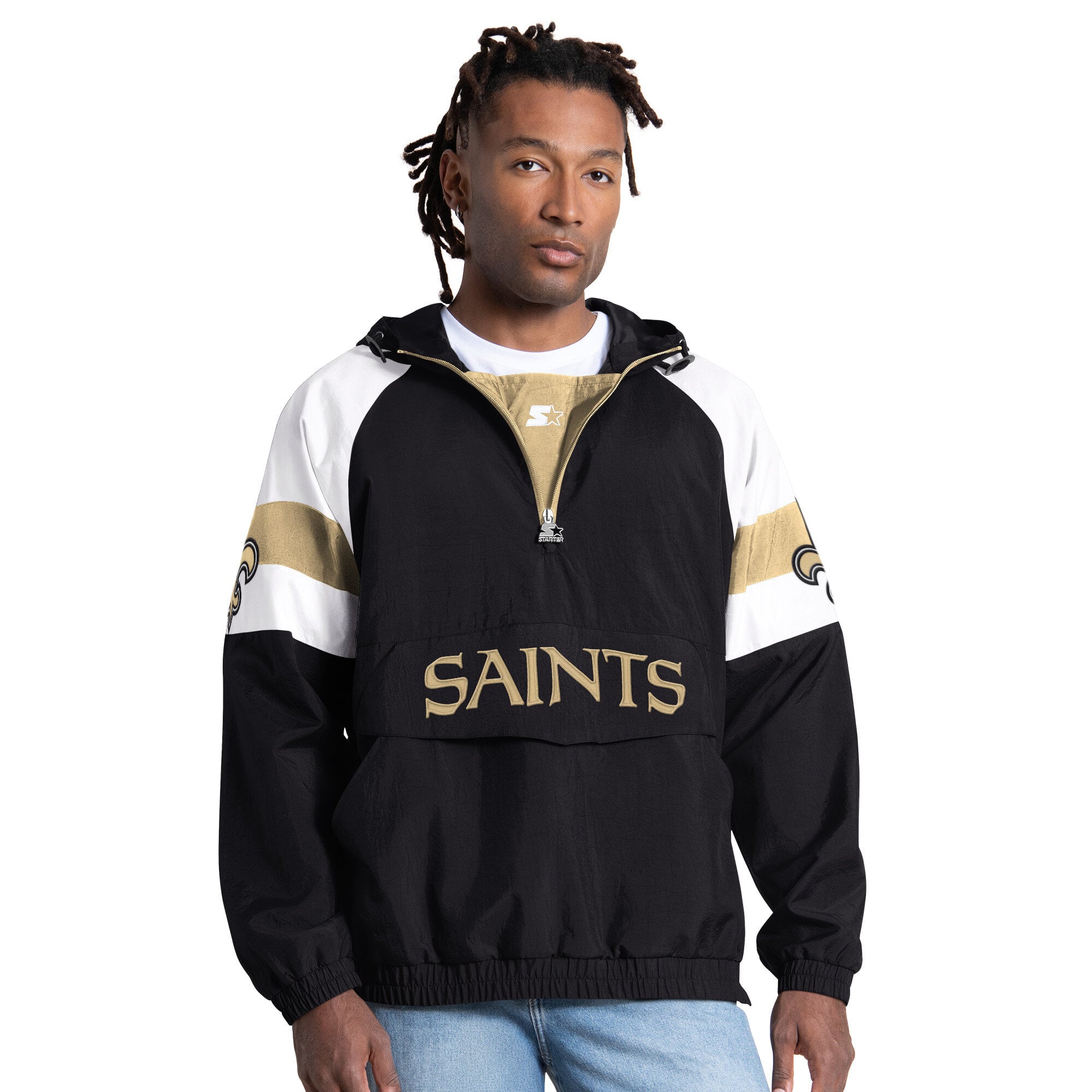 Veste Starter noire pour homme, coupe streetwear, style Saints de la Nouvelle-Orléans, demi-zip