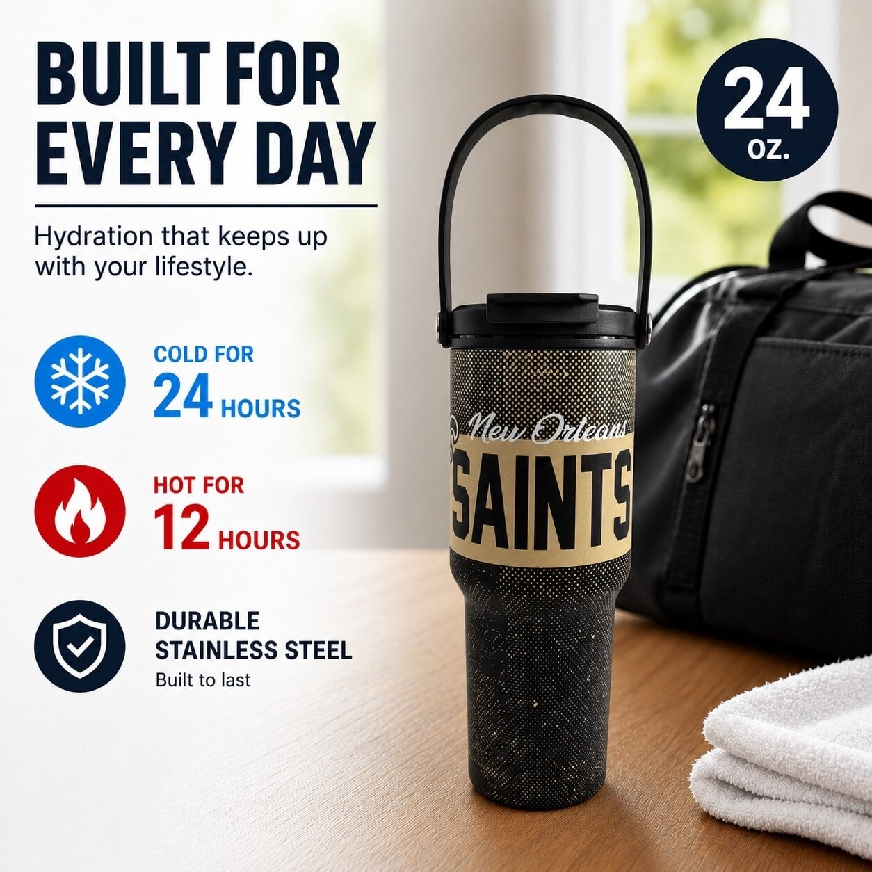 Pegasus New Orleans Saints 24oz. Speckled Gradient Stainless Steel Dual Top Water Bottle