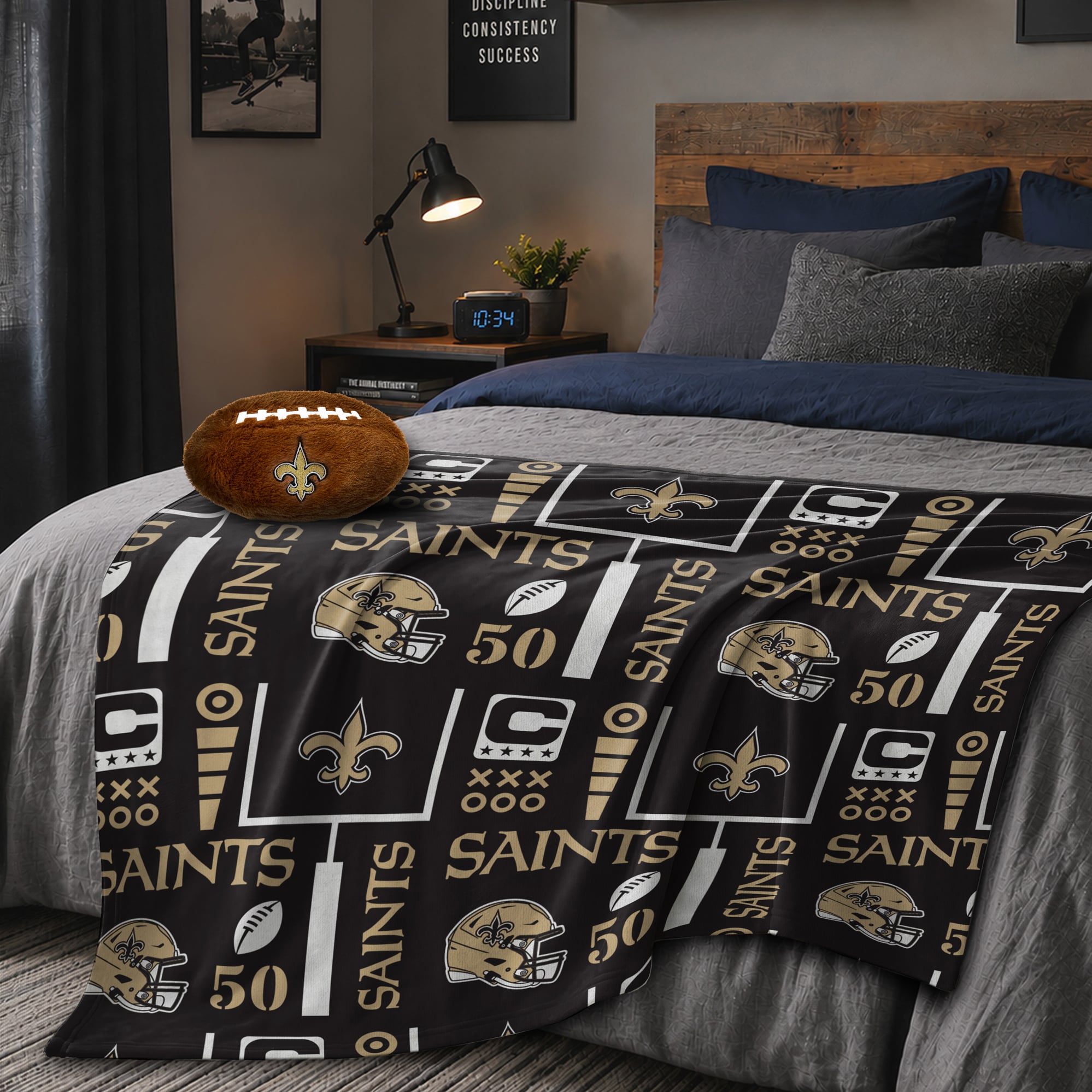 Pegasus New Orleans Saints 50" x 60" Blackout Team Spirit Ultra Soft Throw & Plush Football Combo Pack