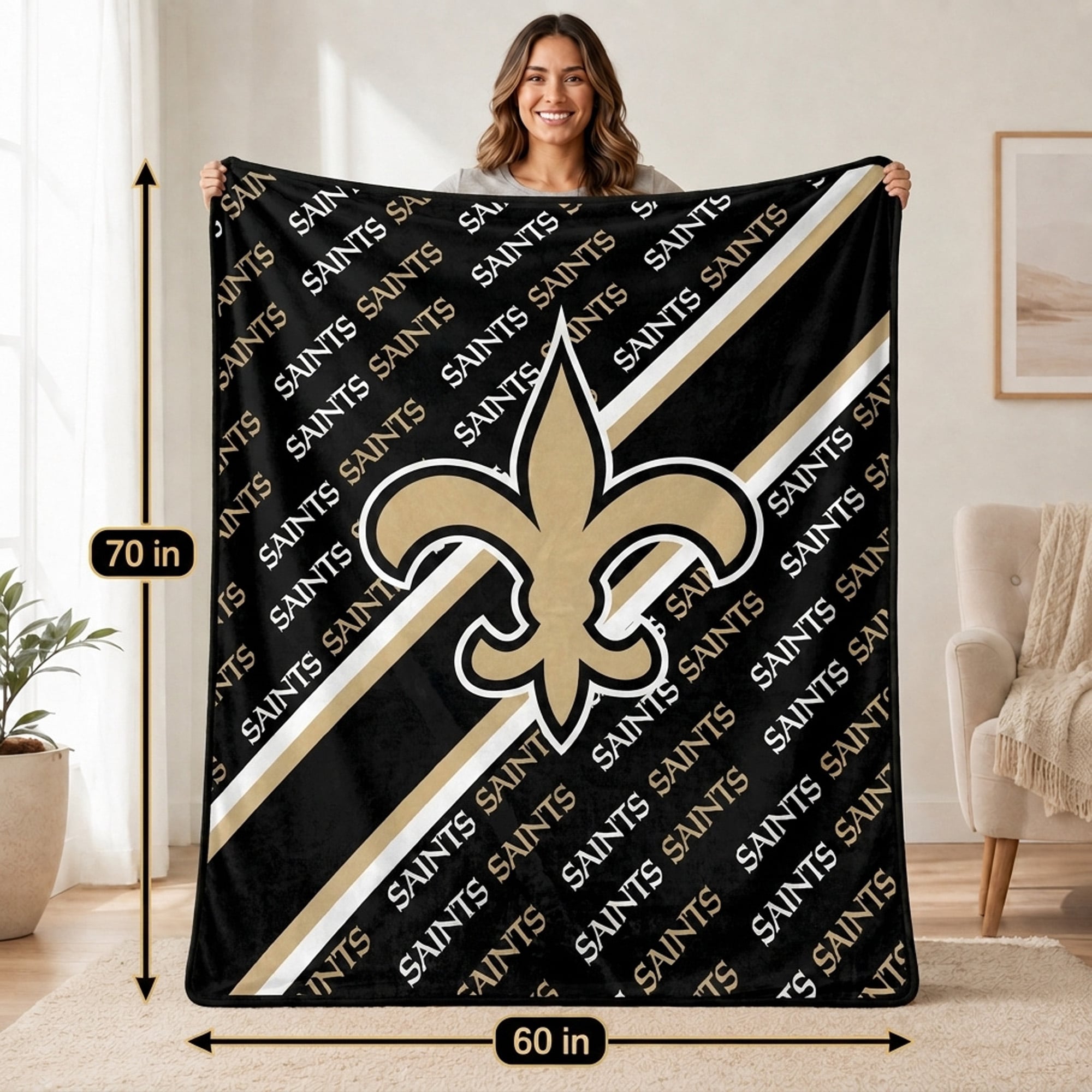 Couverture ultra douce Pegasus New Orleans Saints, 152 x 178 cm (diagonale), doublée, avec logo.