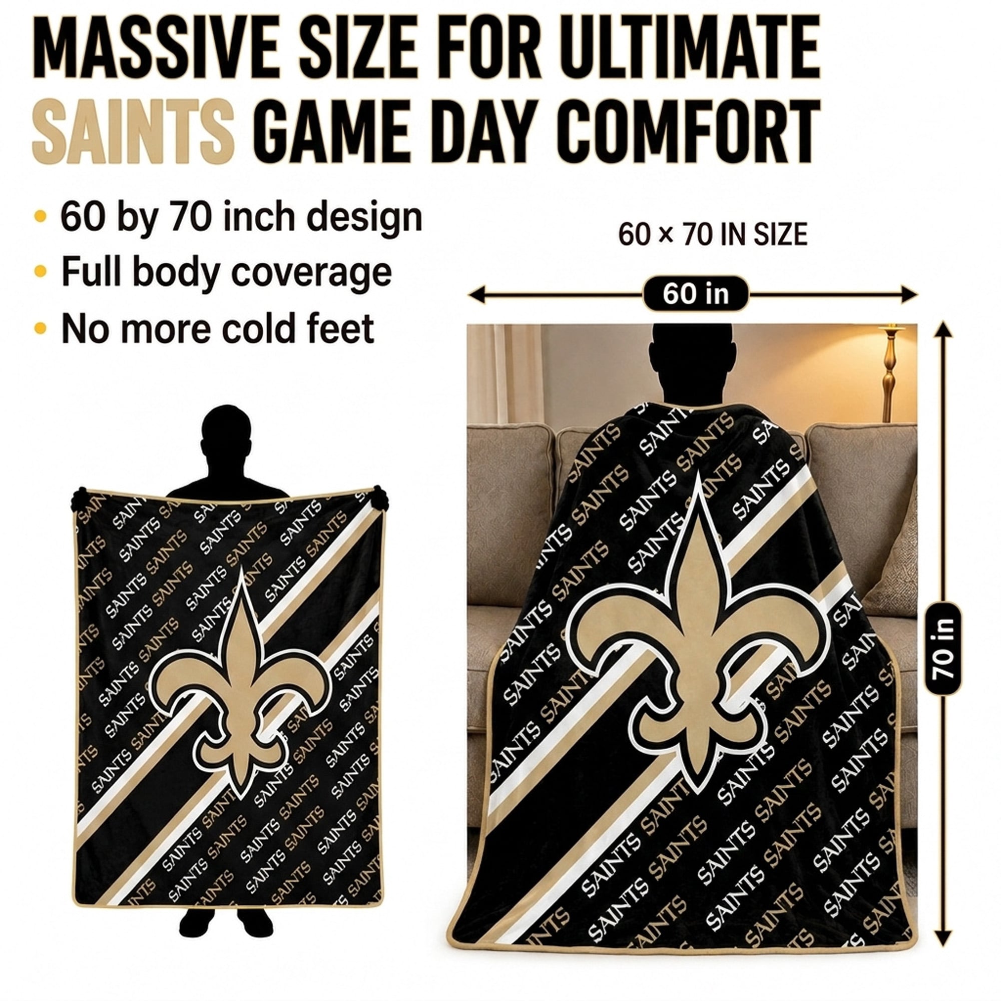 Couverture ultra douce Pegasus New Orleans Saints, 152 x 178 cm (diagonale), doublée, avec logo.