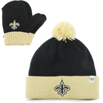 New Orleans Saints '47 Toddler Bam Bam Cuffed Knit Hat with Pom and Mittens Set - Black/Gold