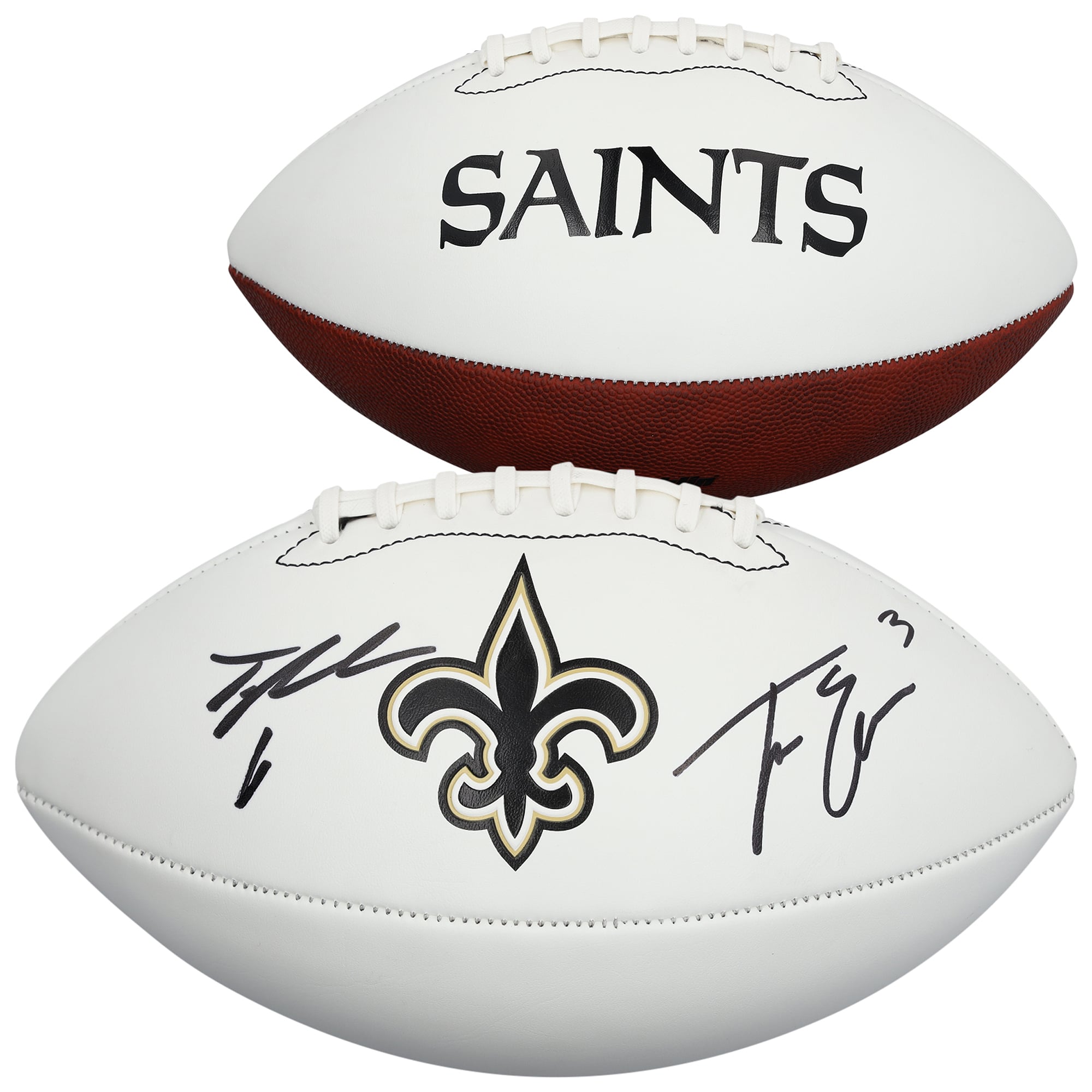 Ballon de football américain Franklin White Panel autographié par Travis Etienne Jr. et Tyler Shough des Saints de la Nouvelle-Orléans