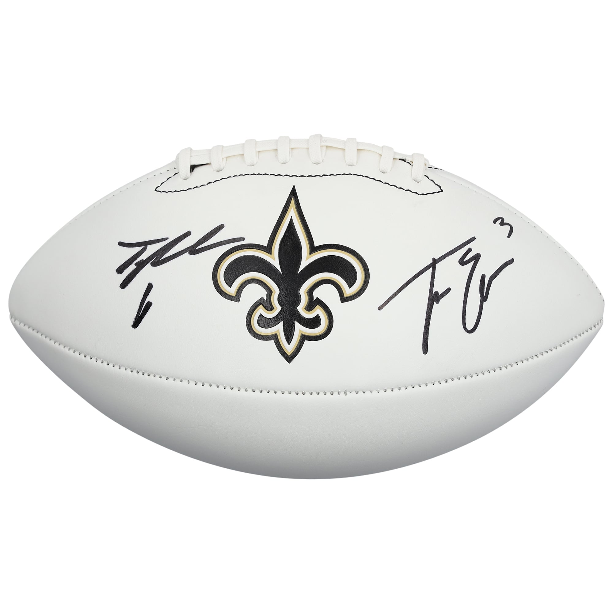 Ballon de football américain Franklin White Panel autographié par Travis Etienne Jr. et Tyler Shough des Saints de la Nouvelle-Orléans