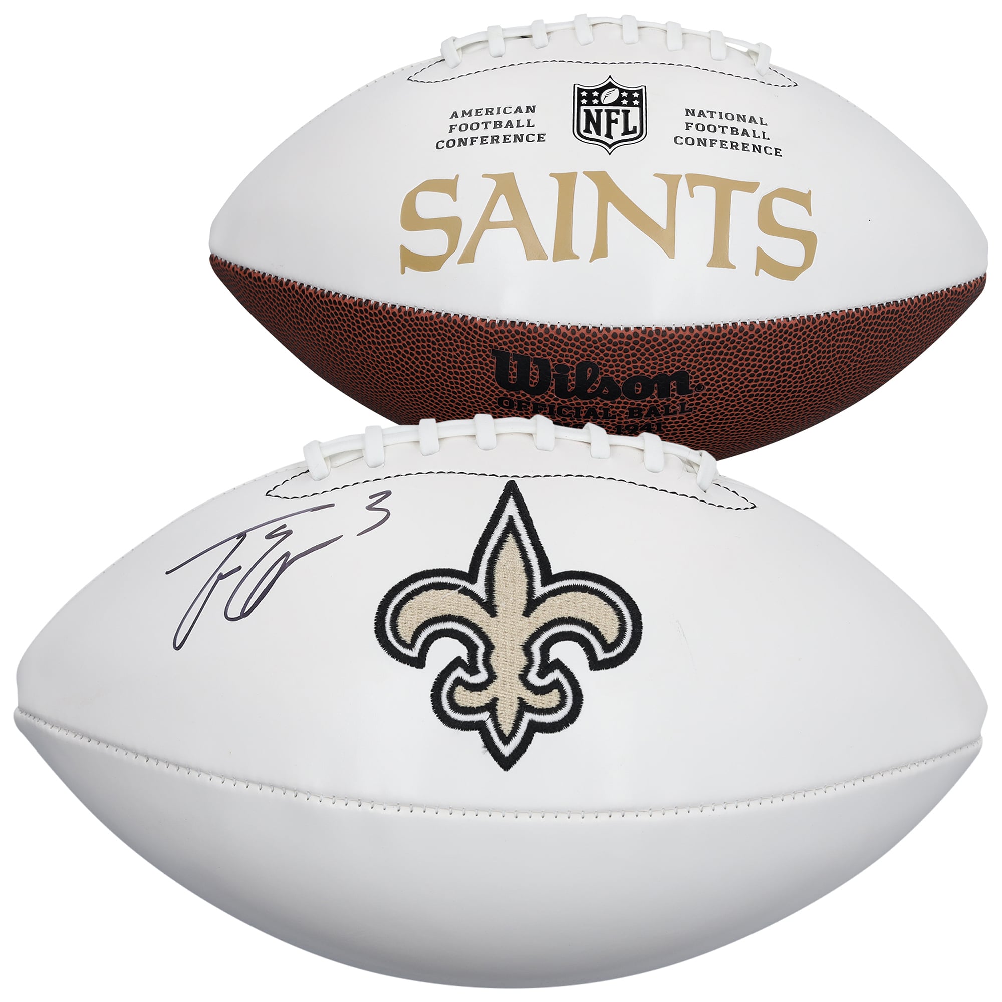 Ballon de football américain Wilson White Panel autographié par Travis Etienne Jr, des Saints de la Nouvelle-Orléans