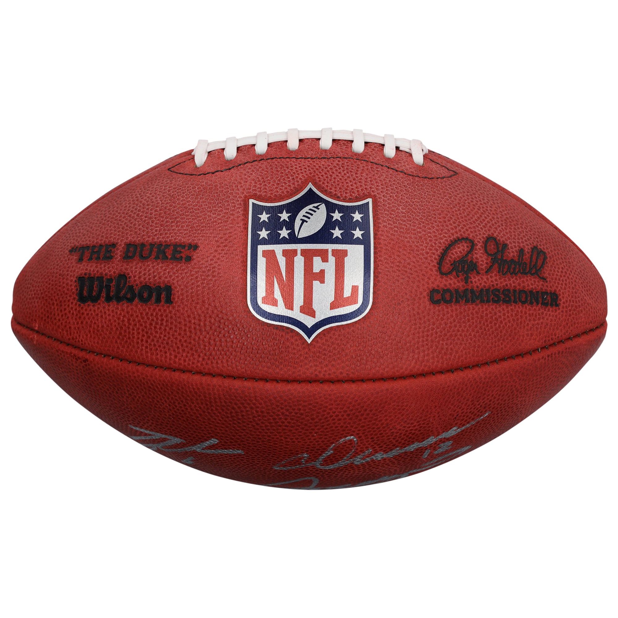 Ballon de football américain Duke en couleur, autographié par Tyler Shough, Chris Olave et Jordyn Tyson, des Saints de la Nouvelle-Orléans.