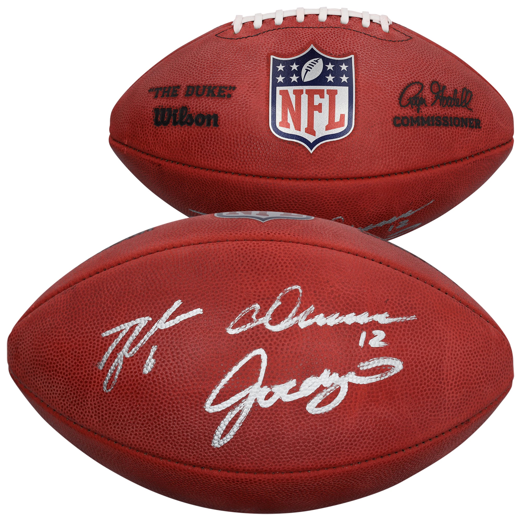 Ballon de football américain Duke en couleur, autographié par Tyler Shough, Chris Olave et Jordyn Tyson, des Saints de la Nouvelle-Orléans.