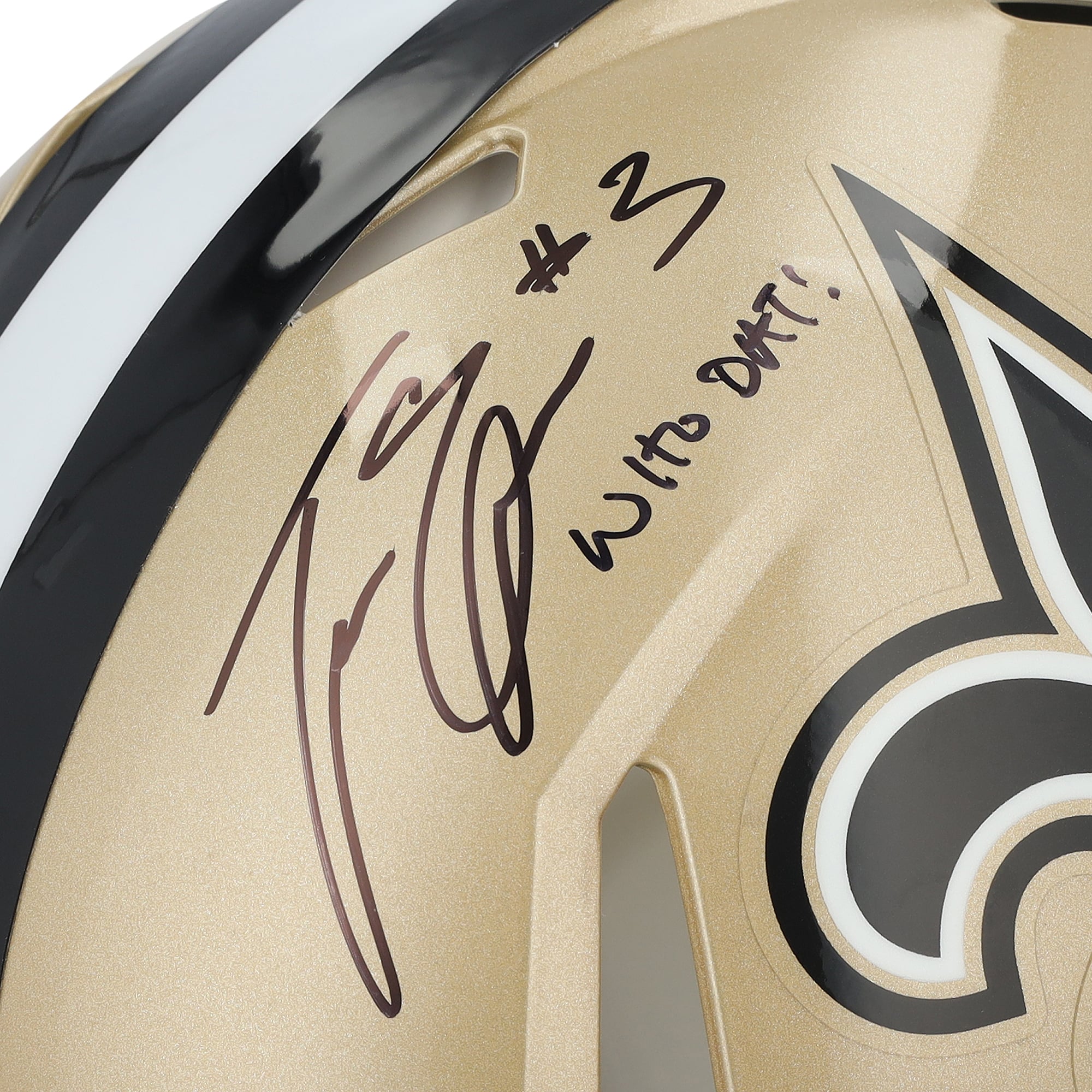 Casque Riddell Speed ​​Authentic autographié par Tyler Shough, Chris Olave, Jordyn Tyson et Travis Etienne Jr. des Saints de La Nouvelle-Orléans, avec inscription « Who Dat ! »