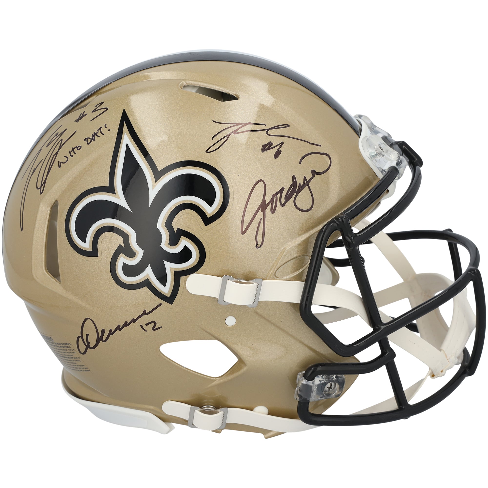 Casque Riddell Speed ​​Authentic autographié par Tyler Shough, Chris Olave, Jordyn Tyson et Travis Etienne Jr. des Saints de La Nouvelle-Orléans, avec inscription « Who Dat ! »