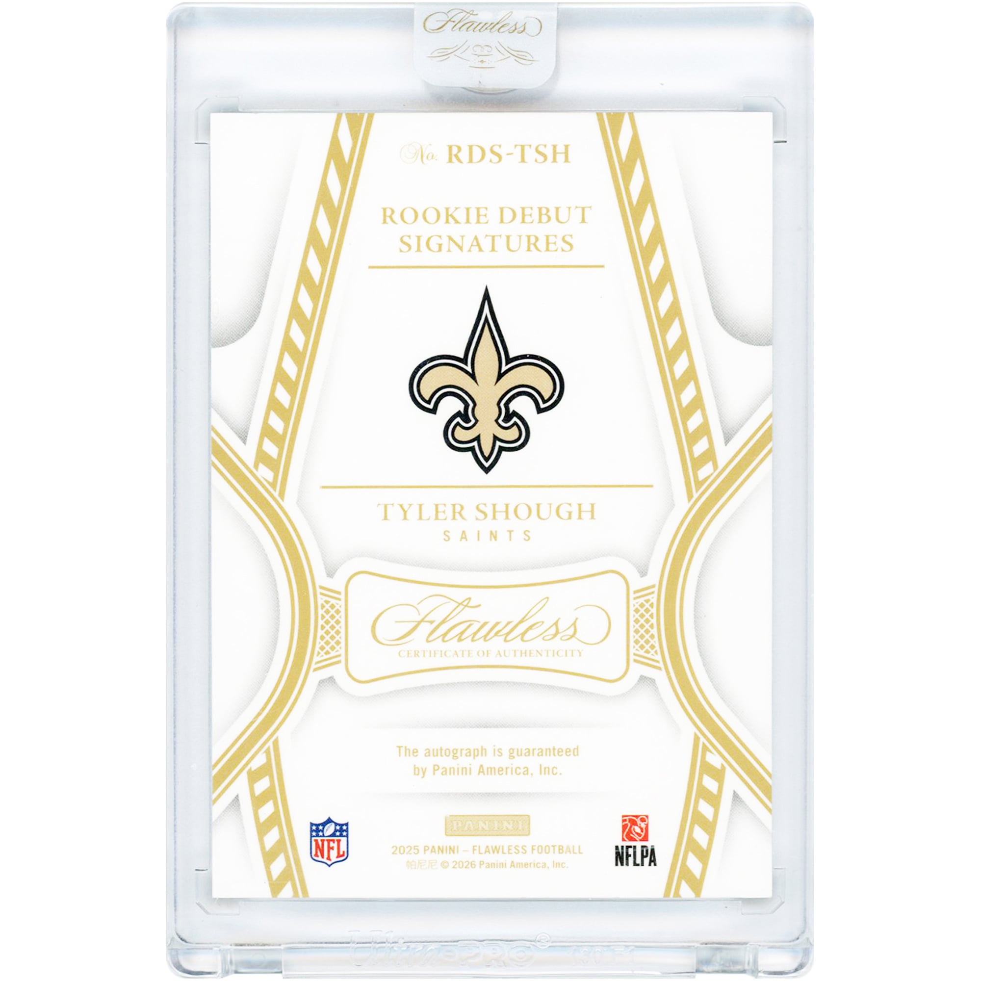 Tyler Shough New Orleans Saints Autographed 2025 Panini Flawless Holo Silver Rookie Debut #RDS-TSH #2/20 Rookie Card