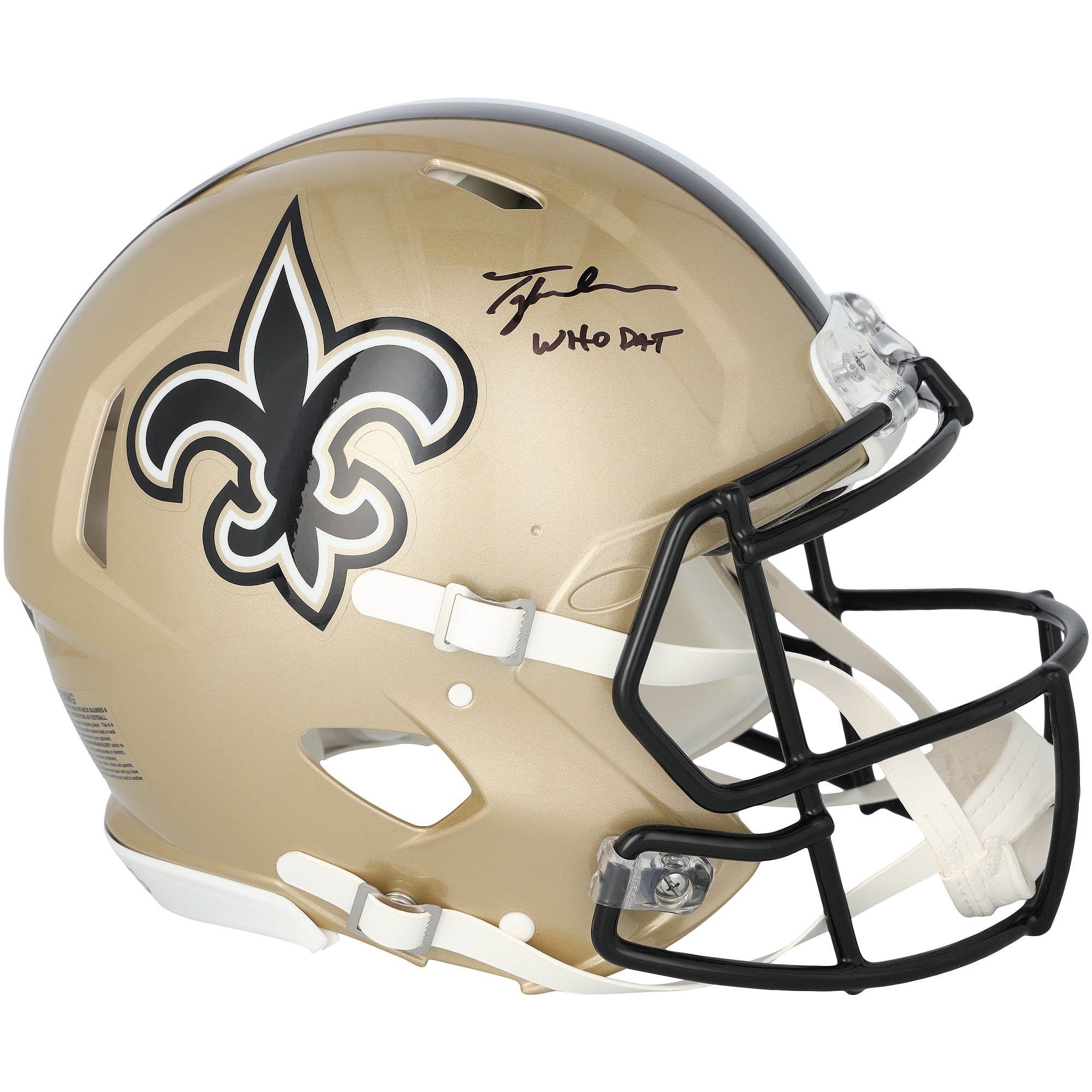 Casque Riddell Speed ​​Authentic autographié par Tyler Shough, joueur des New Orleans Saints, avec inscription « Who Dat ».