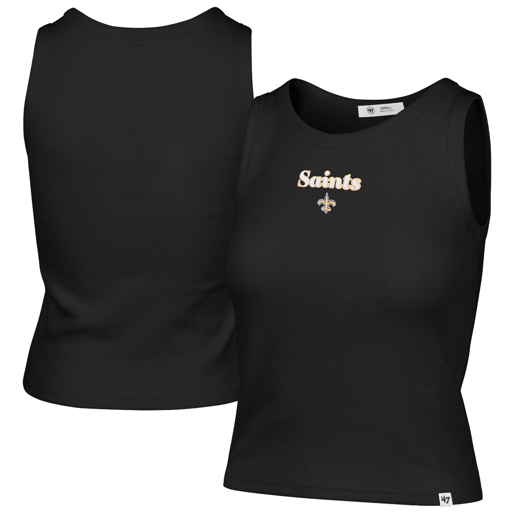 Débardeur court côtelé à coupe droite pour femme, modèle 47 des New Orleans Saints, noir