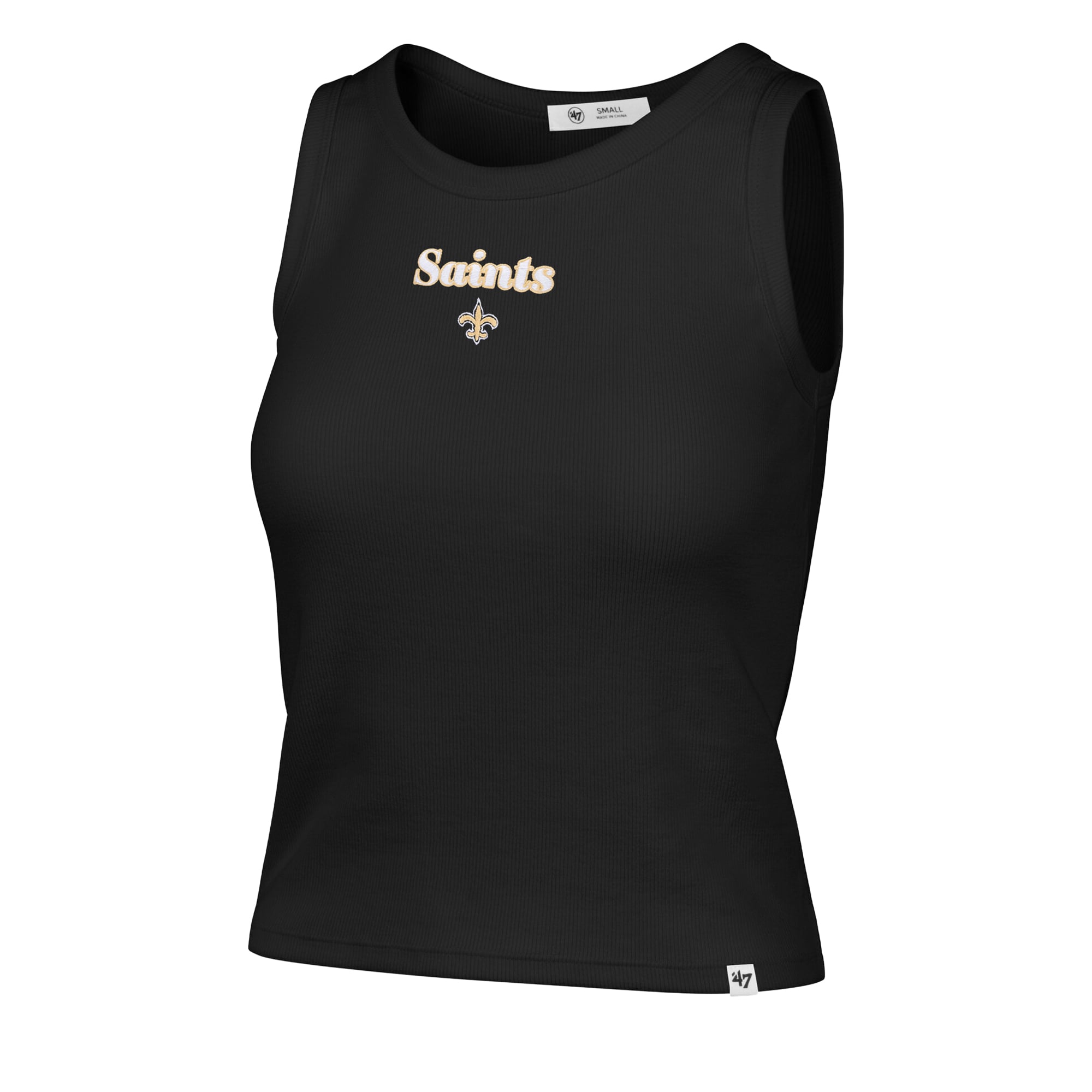 Débardeur court côtelé à coupe droite pour femme, modèle 47 des New Orleans Saints, noir