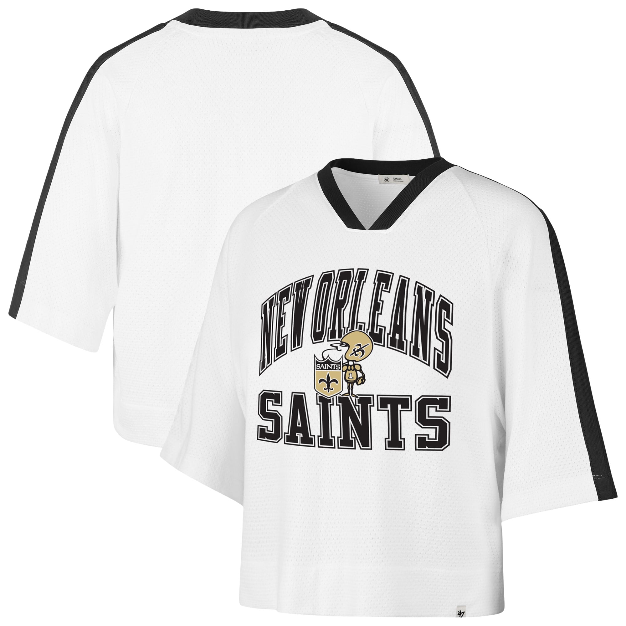 Women's '47 White New Orleans Saints Big Overarch Drop Needle Raglan V-Neck T-Shirt