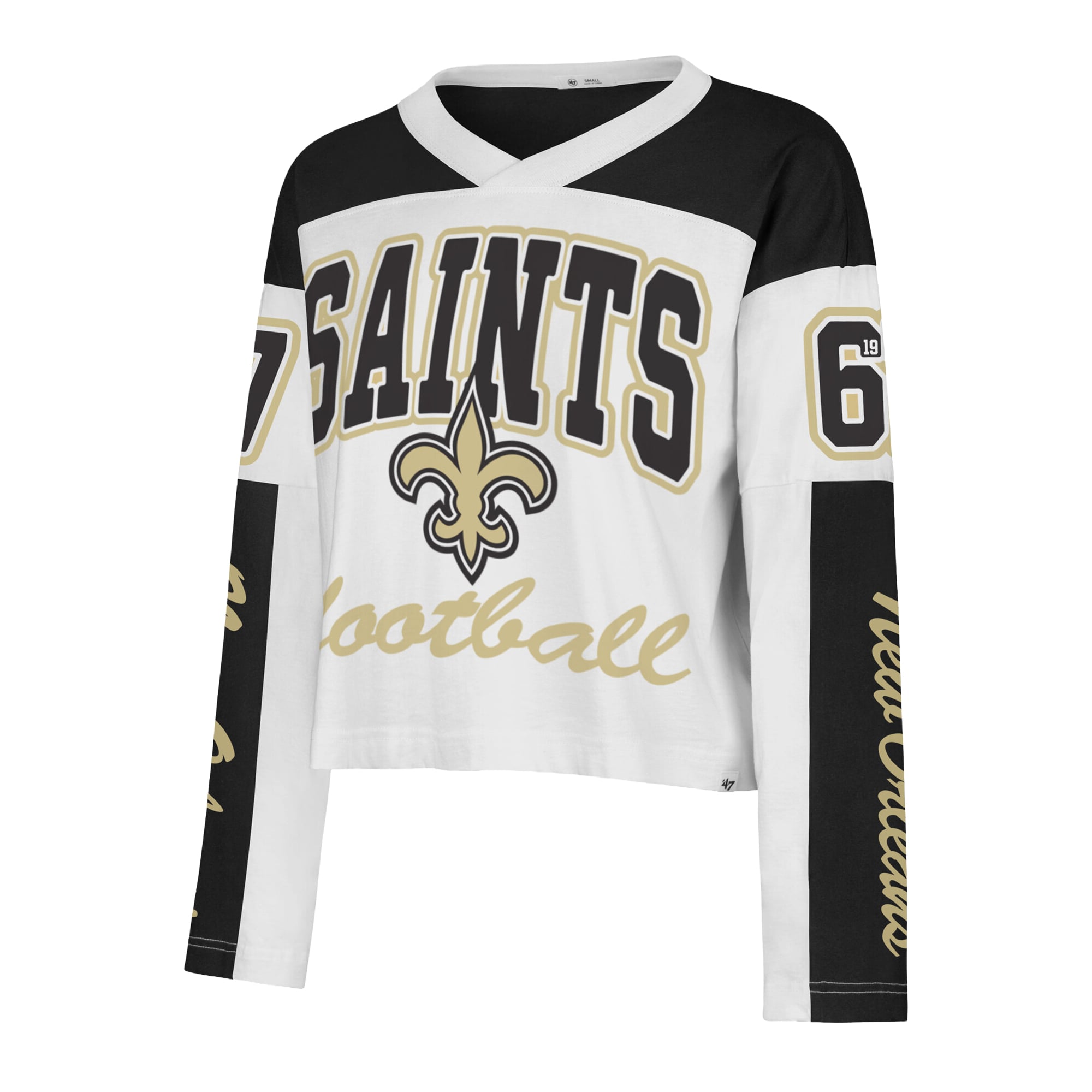 T-shirt à manches longues et col en V blanc New Orleans Saints pour femme, modèle '47.
