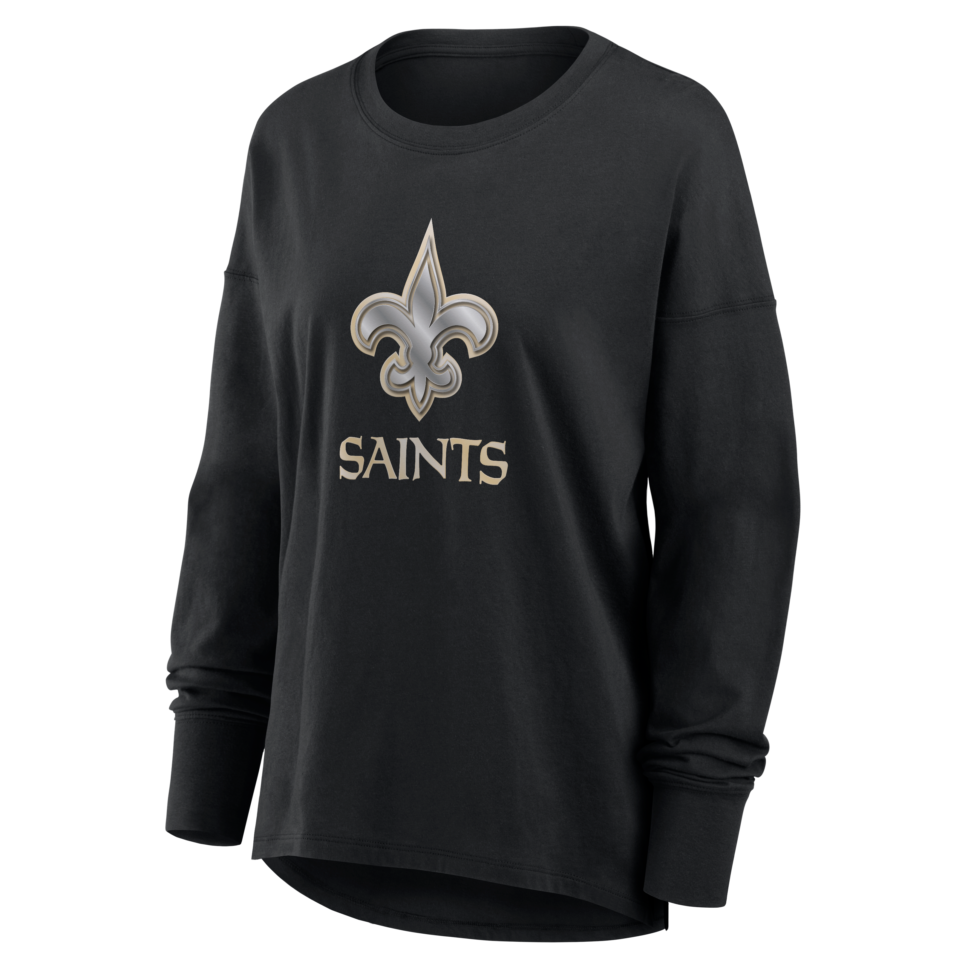 T-shirt à manches longues noir pour femmes avec mascotte métallique des Saints de la Nouvelle-Orléans
