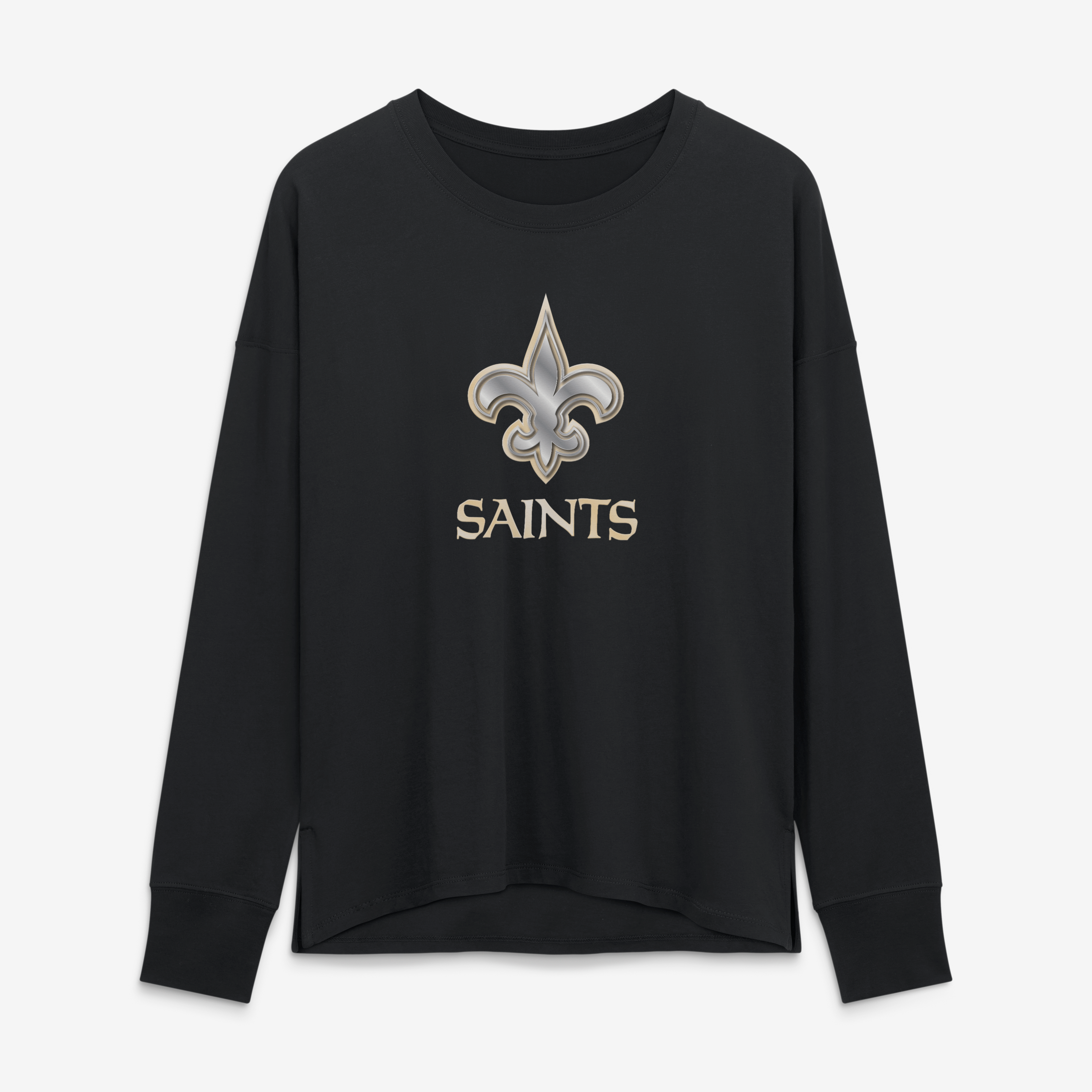 T-shirt à manches longues noir pour femmes avec mascotte métallique des Saints de la Nouvelle-Orléans