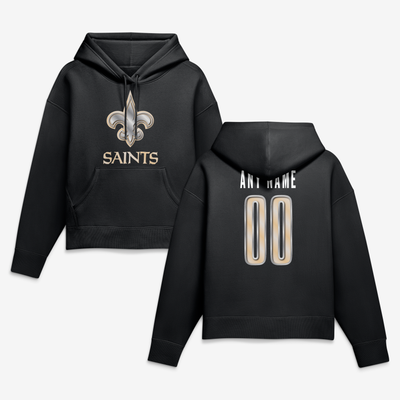 New Orleans Saints Women's Metallic Mascot Personalized Name & Number Hoodie - Black