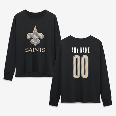New Orleans Saints Women's Metallic Mascot Personalized Name & Number Long Sleeve T-Shirt - Black