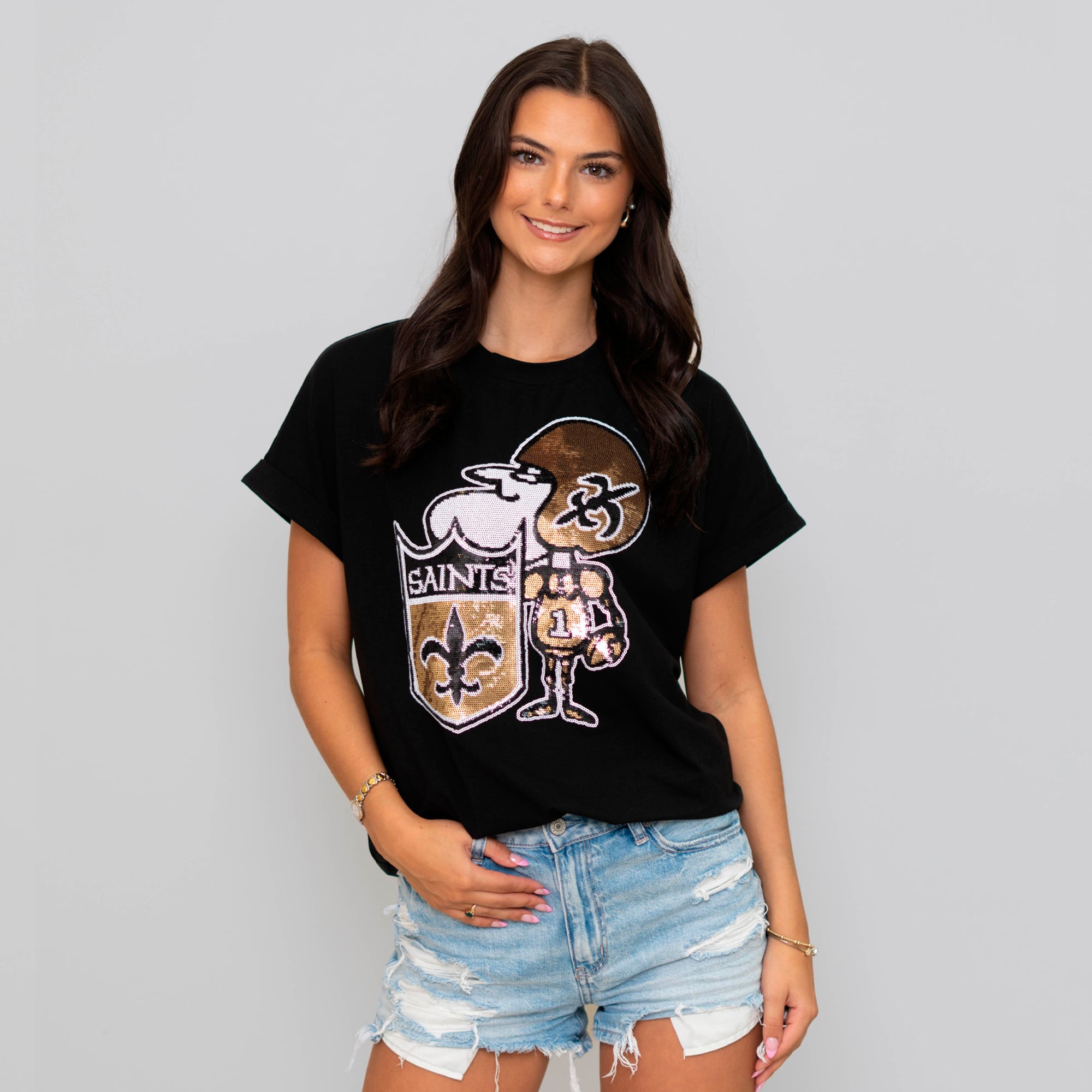 T-shirt à manches retroussées noir Bomb Designs pour femmes, motif Saints de la Nouvelle-Orléans