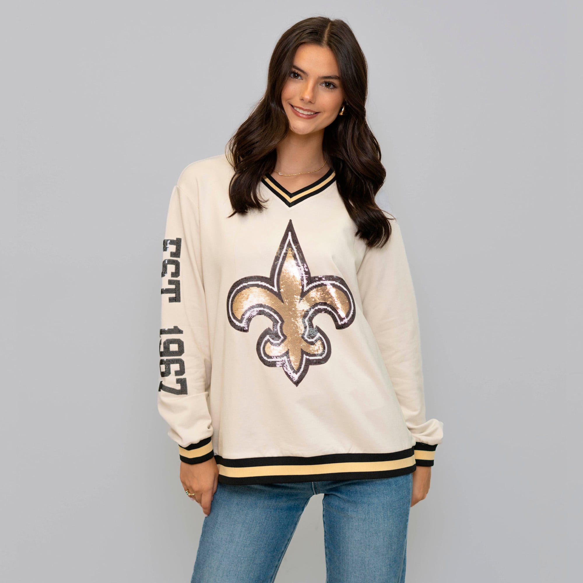 Sweat-shirt rayé universitaire crème des Saints de la Nouvelle-Orléans pour femmes Bomb Designs