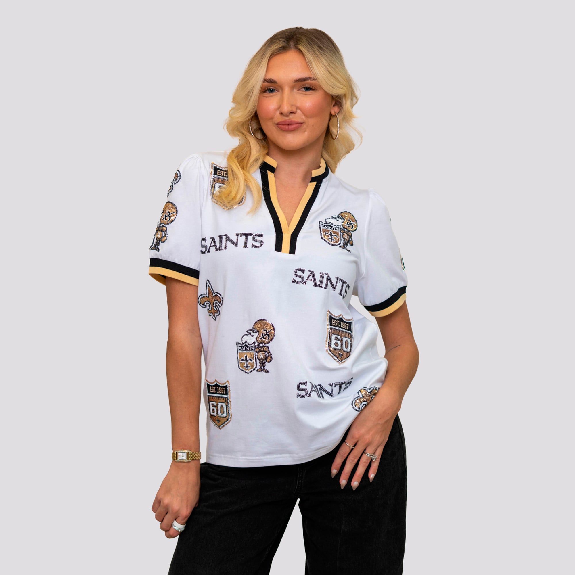 T-shirt à manches bouffantes blanc Bomb Designs pour femmes, 60e anniversaire des Saints de la Nouvelle-Orléans