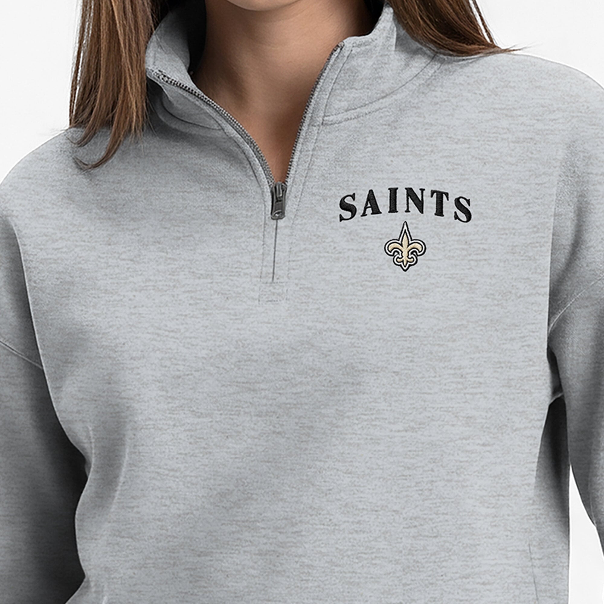 Sweat-shirt à col zippé Champion gris chiné pour femme, modèle New Orleans Saints Powerblend.