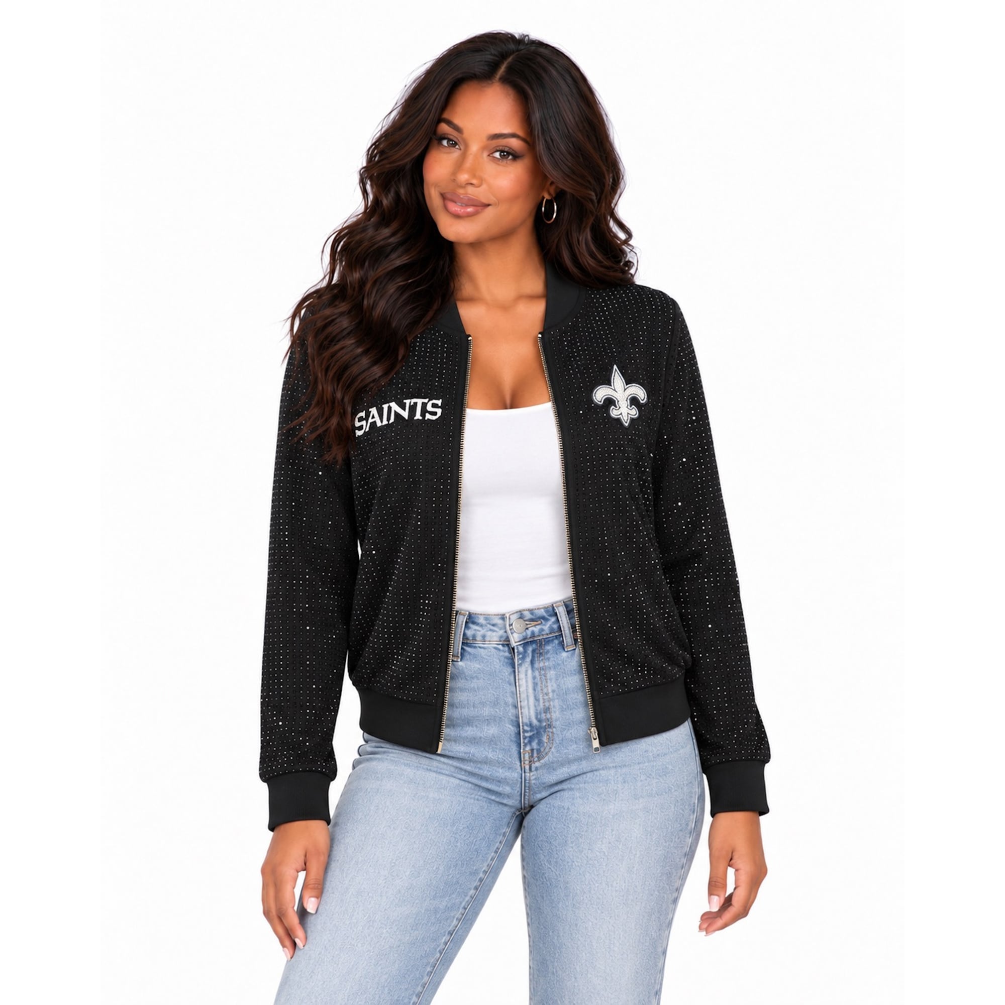 Veste bomber zippée intégrale FABGATING by Cuce noire New Orleans Saints Crystal pour femme